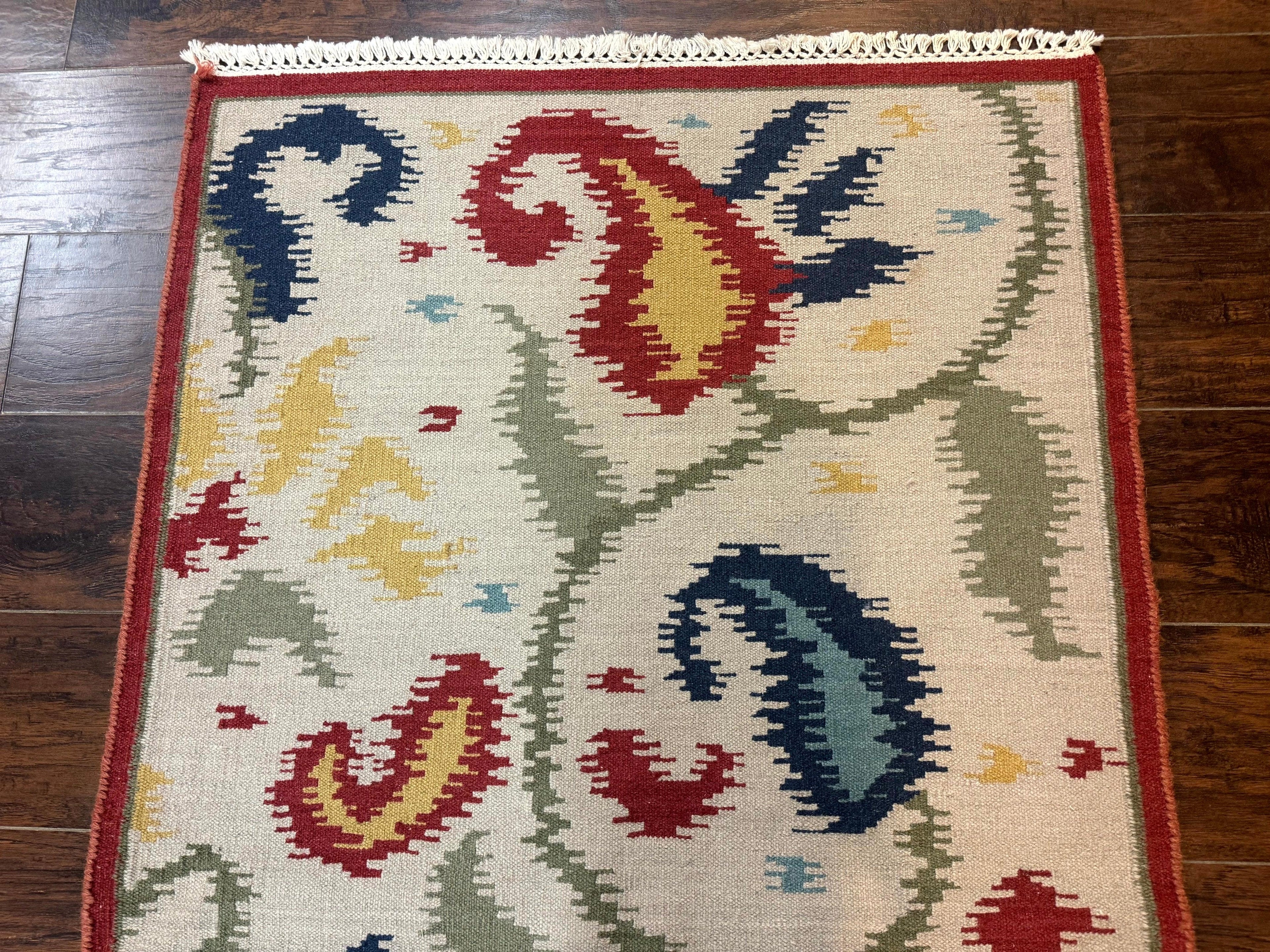 Indian Kilim Flatweave Rug 3x5, Abstract, Beige and Multicolor Flowers, Handmade