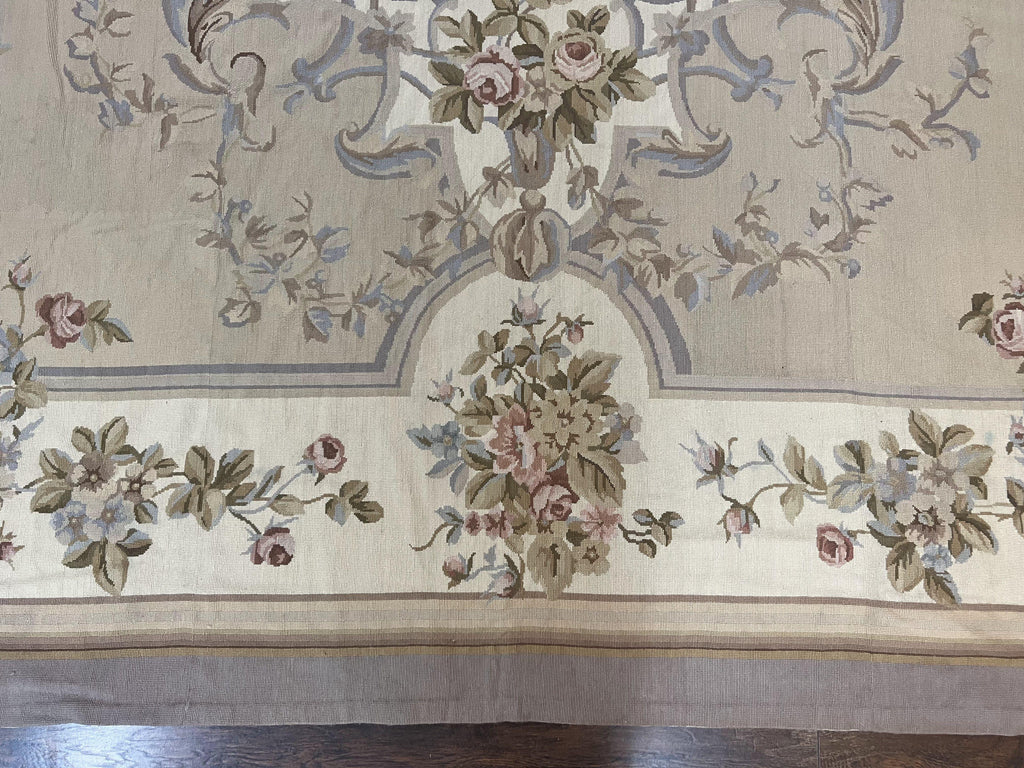 Aubusson Needlepoint Rug 9x12, VIntage Handmade Wool Beige Floral European Elegant Rug 9 x 12, Floral Roses