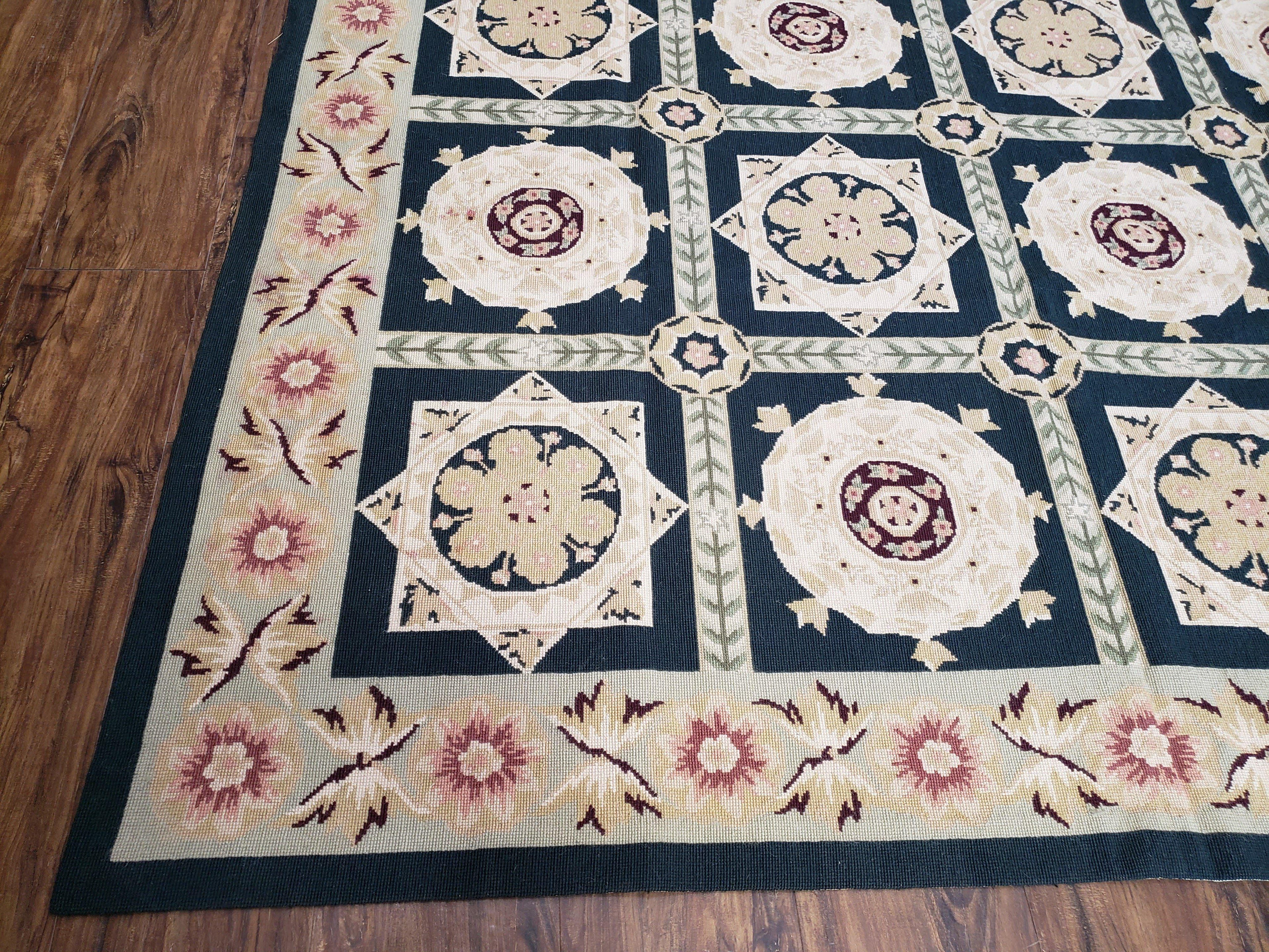 Vintage Chinese Needlepoint Rug 6x9, Panel Design Area Rug Wool Hand-Woven Black & Ivory Carpet Flat Weave Bedroom Rug 6 x 9 Living Room Rug