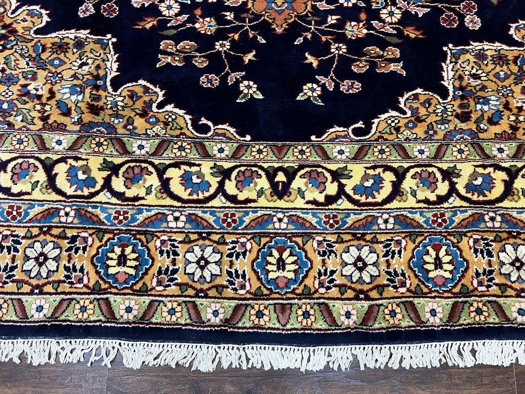 Indo Persian Rug 12x15, Mahal Sarouk Rug 12 x 15, Wool Hand Knotted Vintage Carpet, Navy Blue, Oversized Rug, Center Medallion