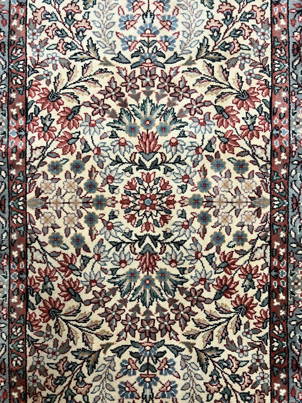 Sino Persian Runner Rug 2.7 x 10, Floral Kirman Lavar Carpet for Hallway, Cream, Handmade Wool Vintage Rug