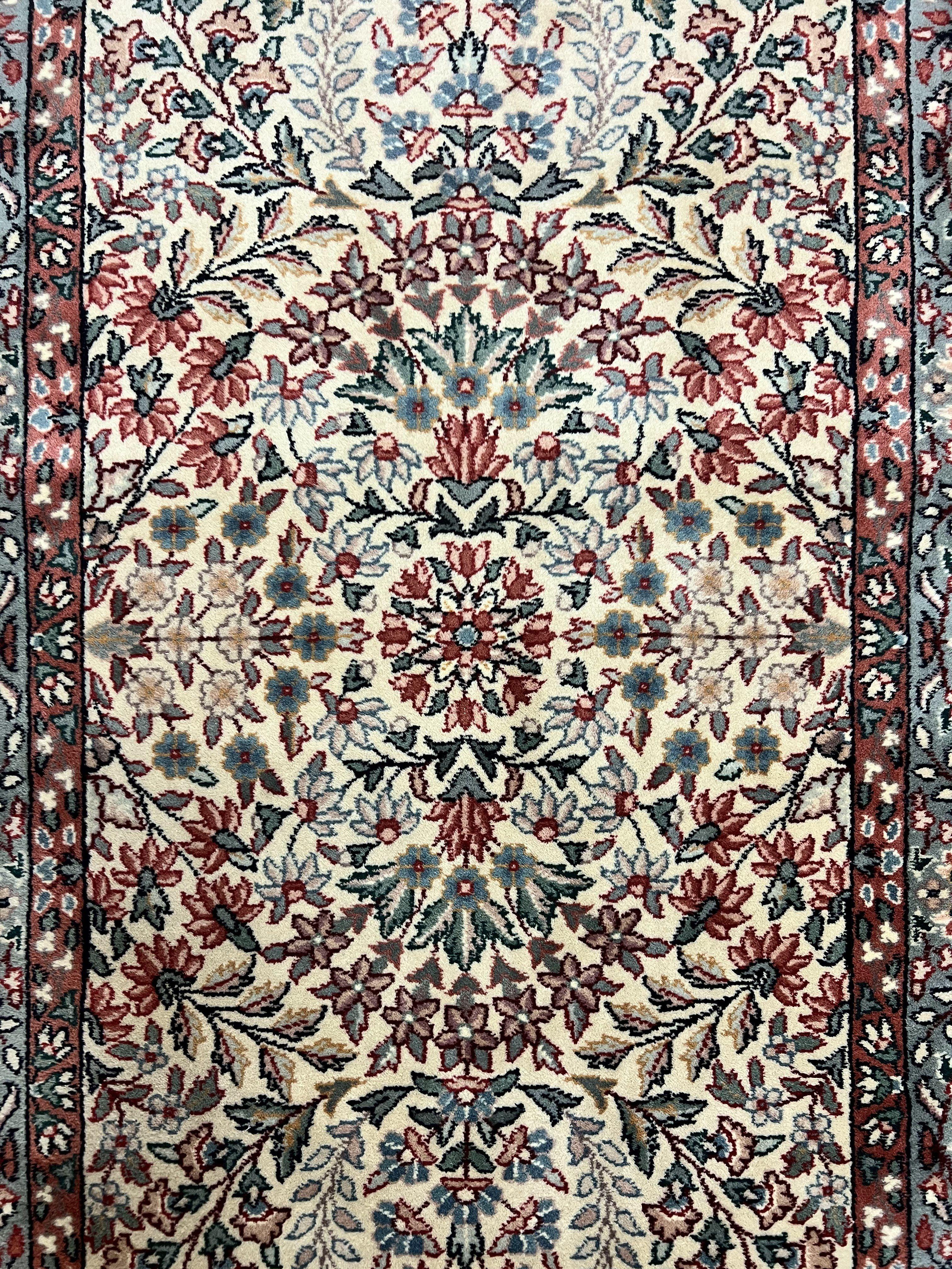 Sino Persian Runner Rug 2.7 x 10, Floral Kirman Lavar Carpet for Hallway, Cream, Handmade Wool Vintage Rug