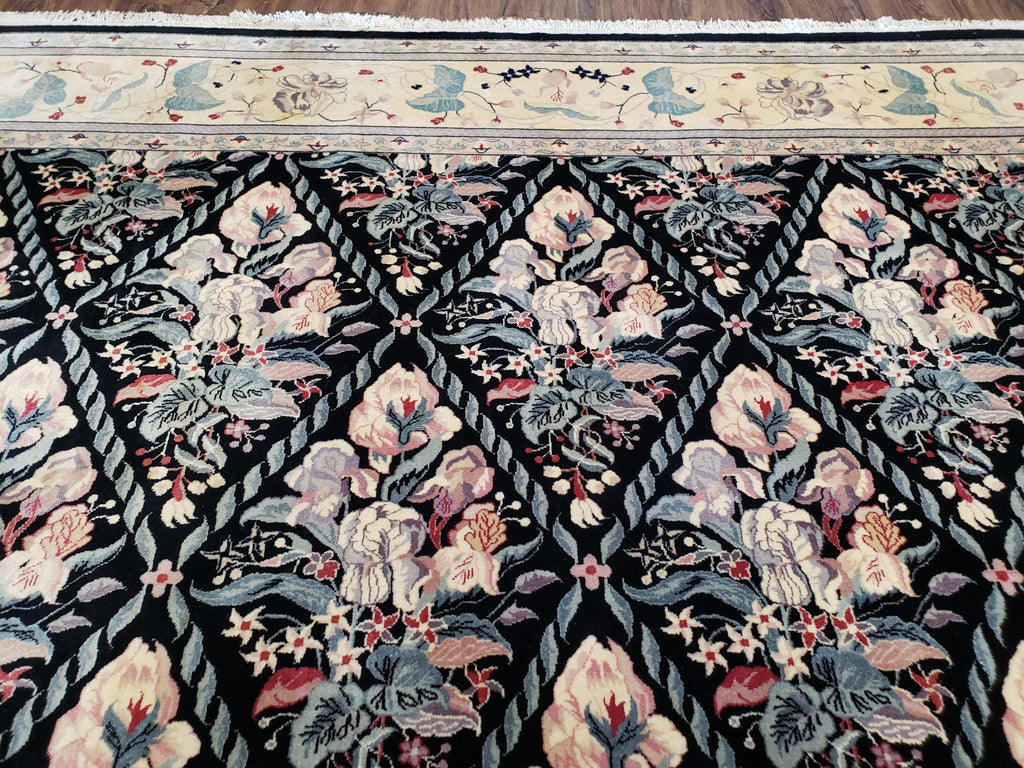 Sino-Persian Kirman Rug 9x12 Floral Handmade Wool Carpet Black & Ivory Vintage