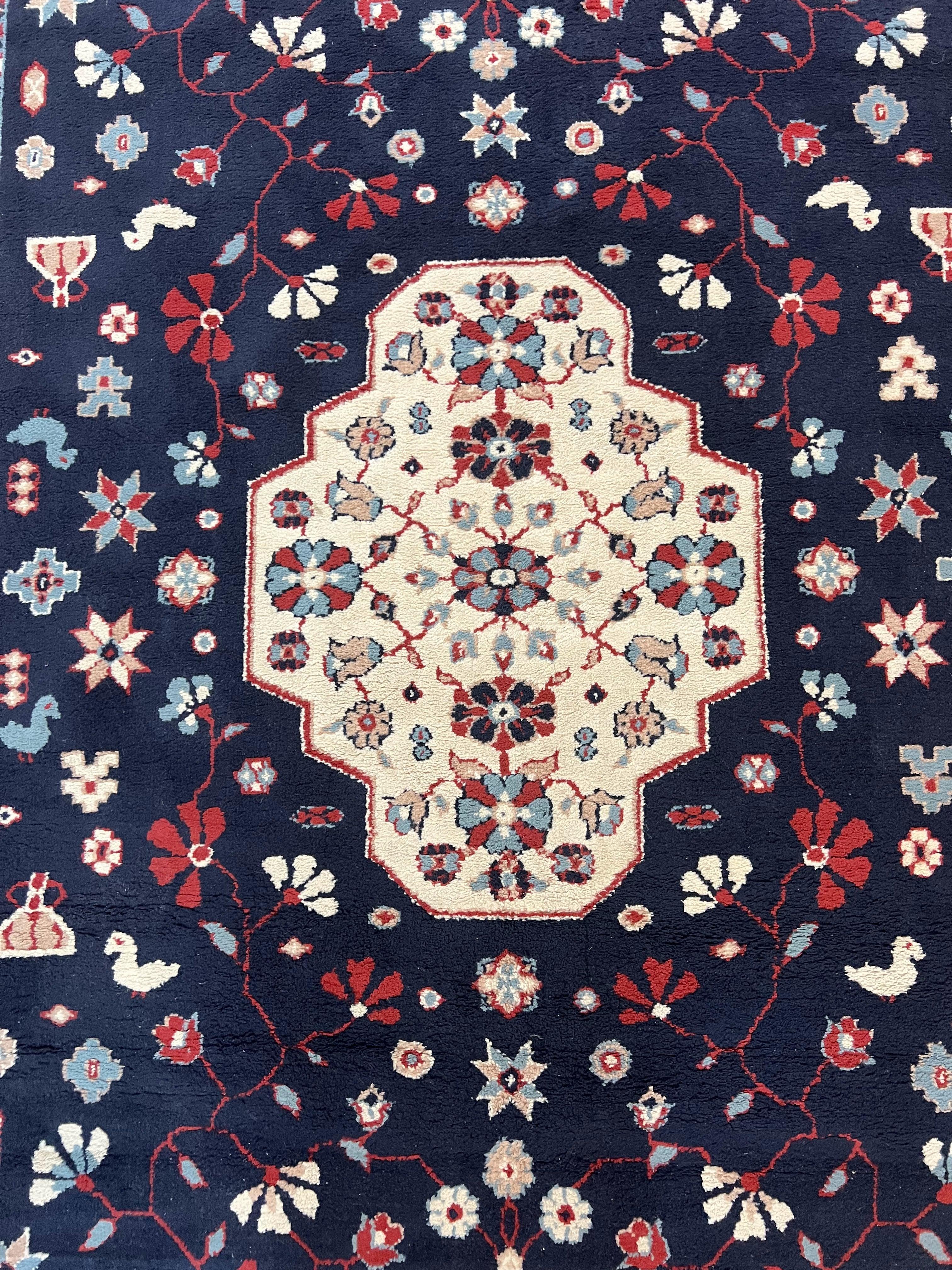 Belgium Power Loomed Rug 5.6 x 7, Navy Blue and Ivory, Heriz Pattern, Vintage Oriental Carpet