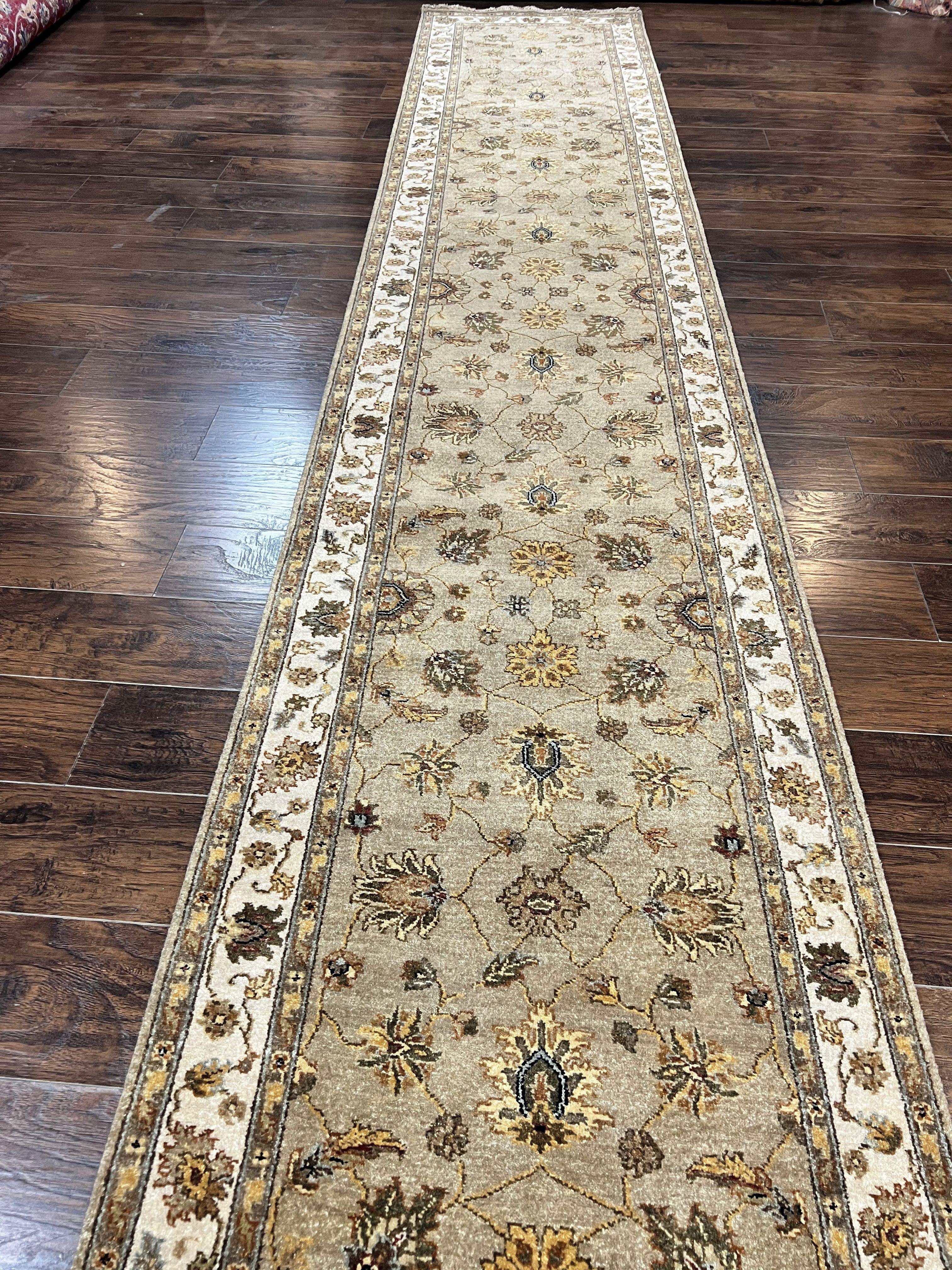 Peshawar Runner Rug 3 x 20, Wool Hand Knotted Vintage Pakistani Carpet, Olive Green & Ivory, Extra Long 20ft Hallway Runner, Floral