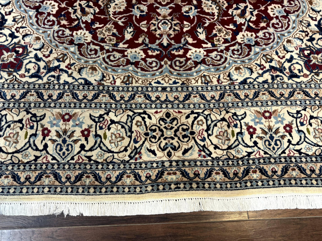 Persian Nain Rug 8x11, Wool and Silk Highlights, Burgundy & Ivory