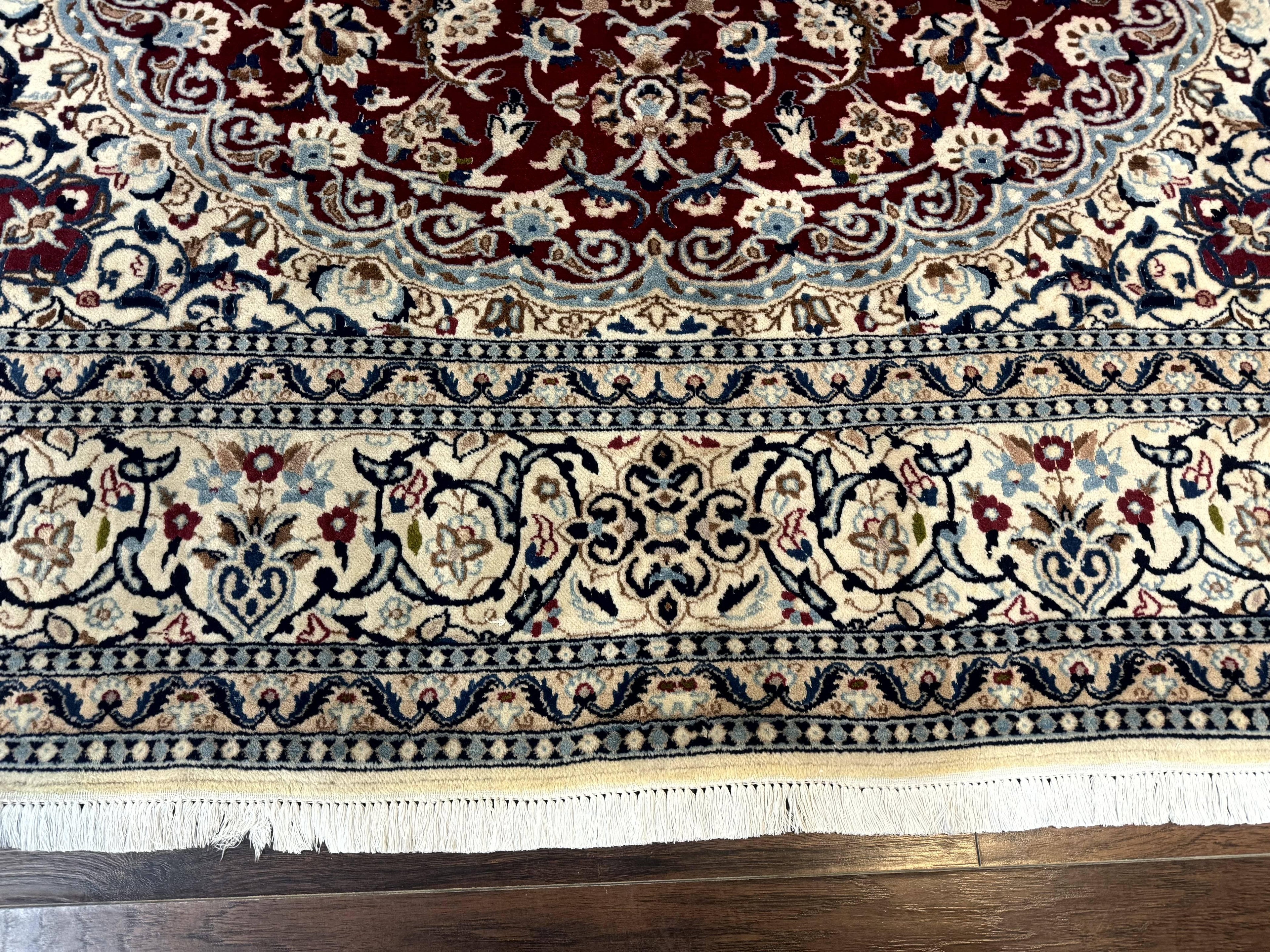 Persian Nain Rug 8x11, Wool and Silk Highlights, Burgundy & Ivory