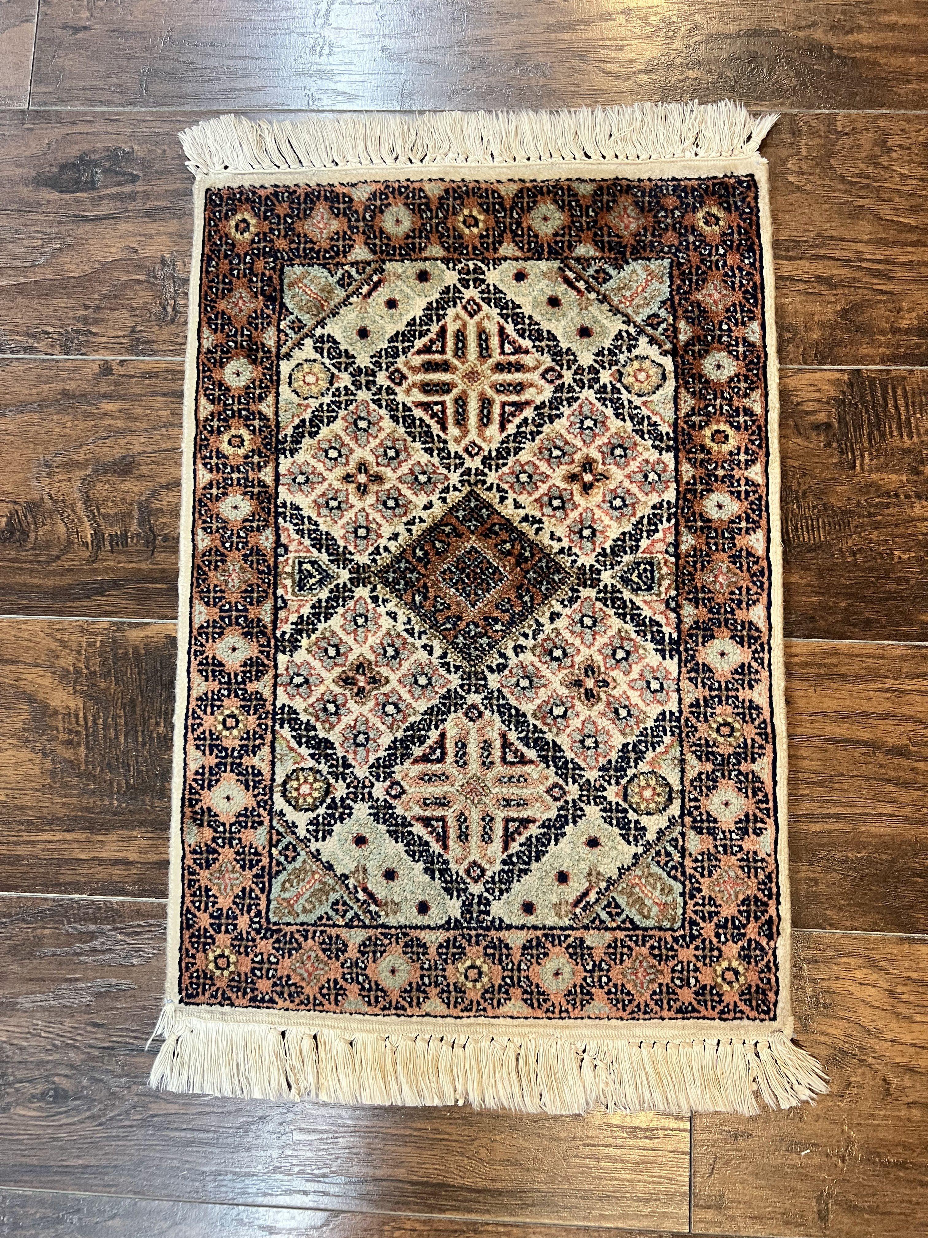 Small Indo Persian Rug 1.5 x 2, Hand Knotted Oriental Carpet, Wool Vintage Handmade, Cream Multicolor, Panel Design