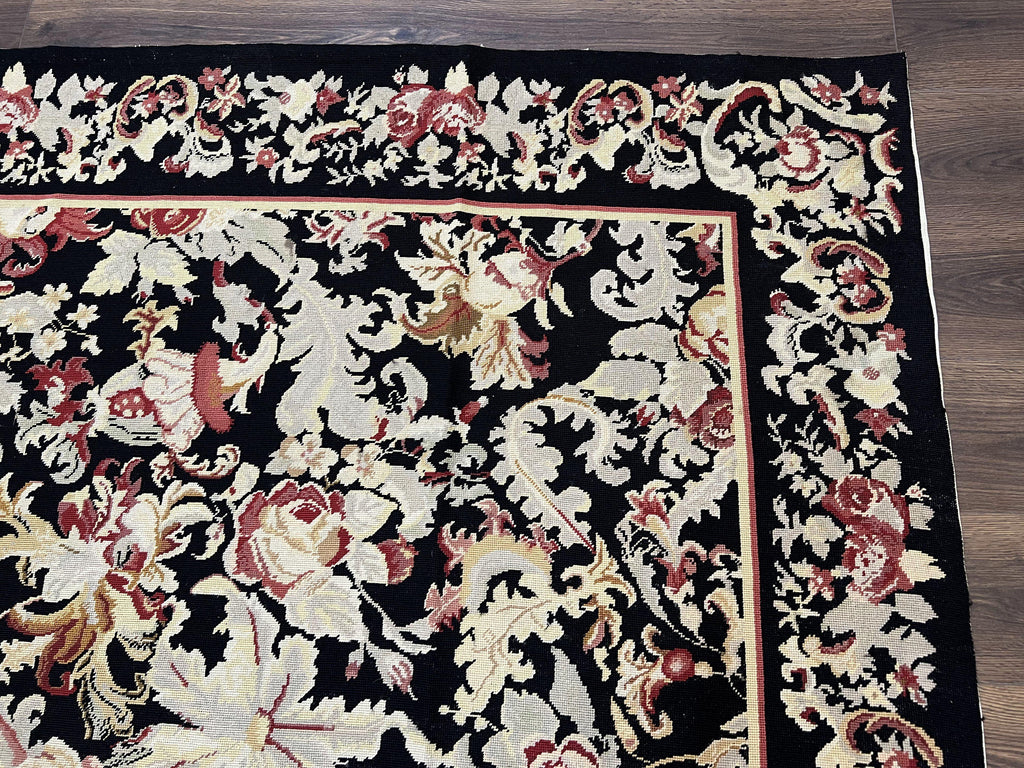Wool Needlepoint Rug 9x12, William Morris Vintage Chinese Needlepoint Carpet 9 x 12, Handwoven, Allover Floral Area Rug, Black Light Green