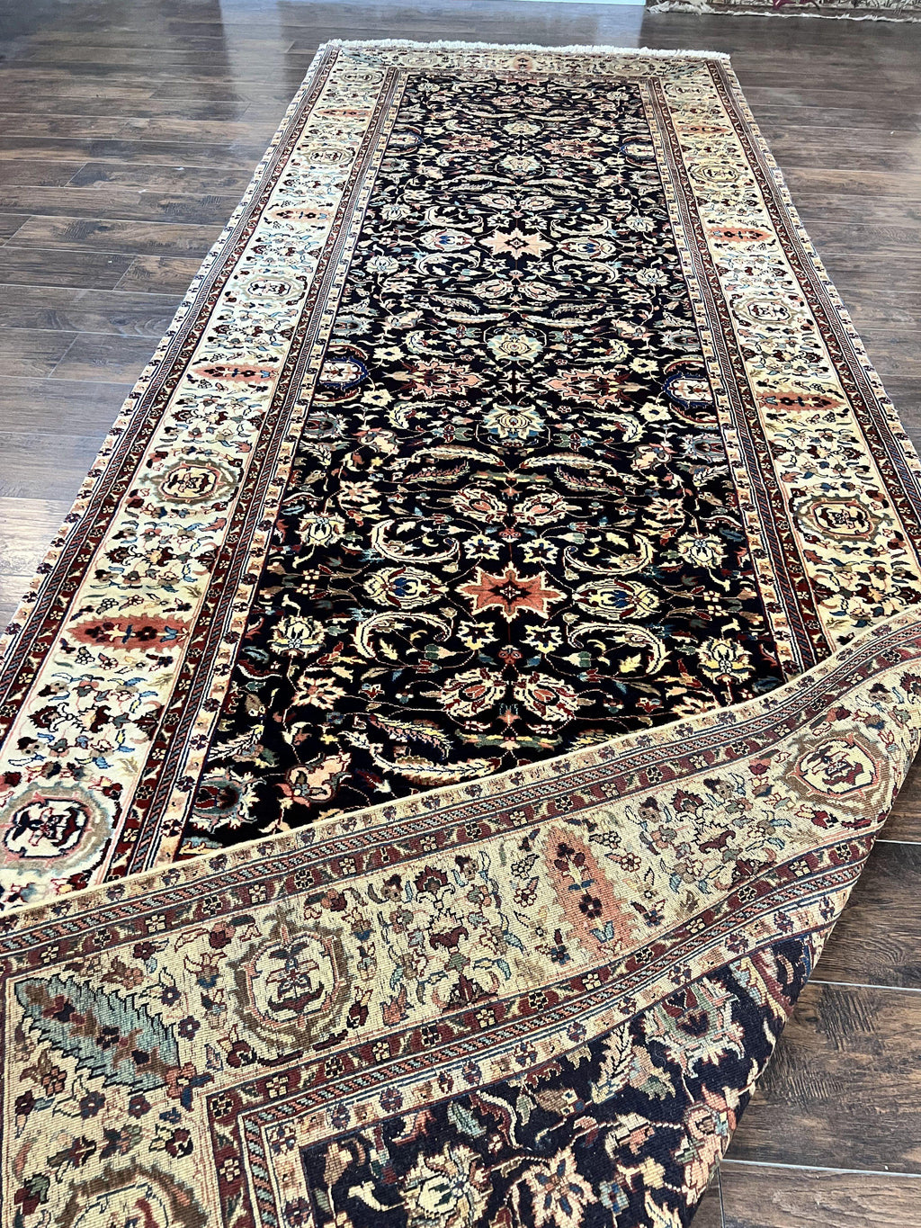 Indo Persian Rug 5x15, Wide Runner Rug 5 x 15 ft, Wool Hand Knotted Vintage Carpet, Black & Cream, Floral Allover Long Oriental Rug