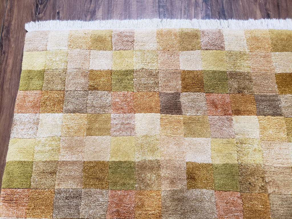 4x6 Tibetan Rug, Modern Abstract Handmade Area Rug, Checkerboard Pattern, Neutral Ivory Gold Tan Colors, Soft Pile, Mid Sized Rug, Nepali