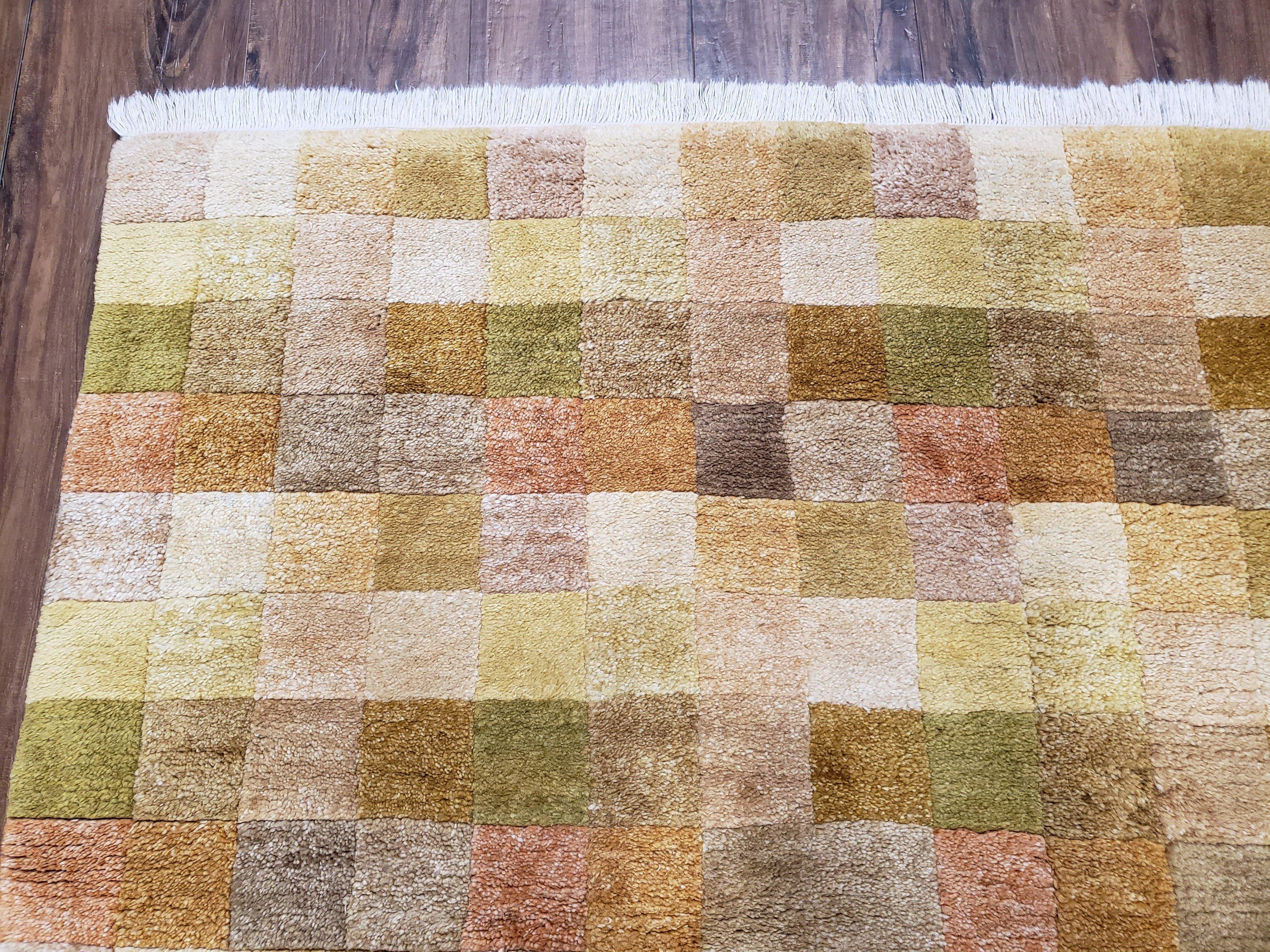 4x6 Tibetan Rug, Modern Abstract Handmade Area Rug, Checkerboard Pattern, Neutral Ivory Gold Tan Colors, Soft Pile, Mid Sized Rug, Nepali