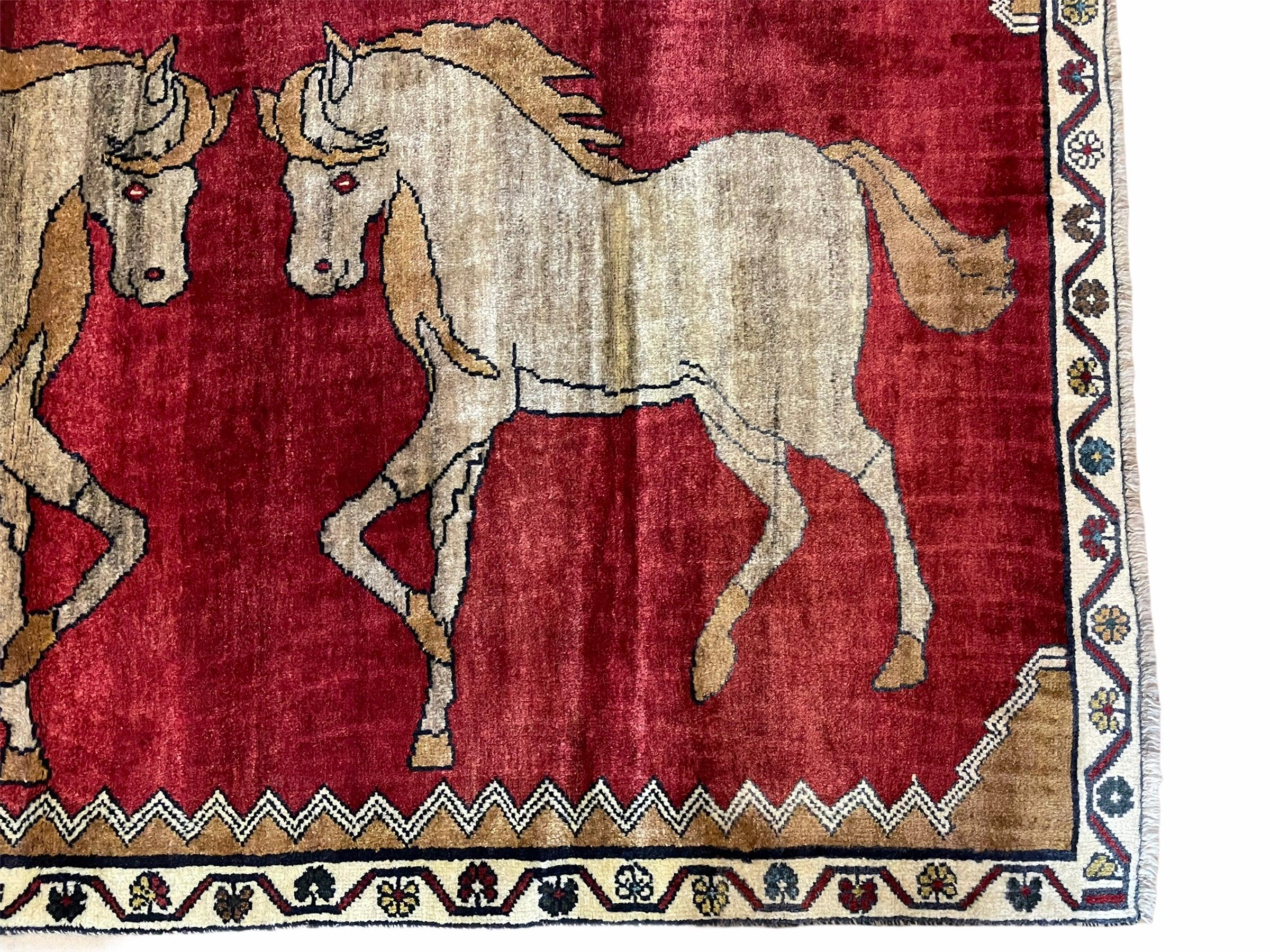 4 X 6 Handmade Hand-Knotted New Vintage Rug Wool Horses Red Organic Dyes Tribal
