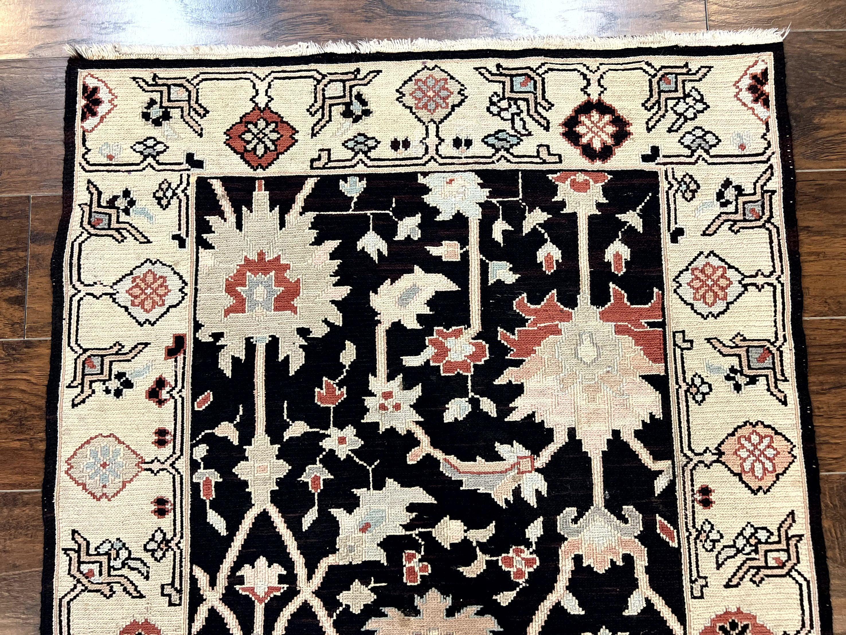 Turkish Flatweave Kilim Rug 3x5, Black, Handmade Vintage Wool Carpet