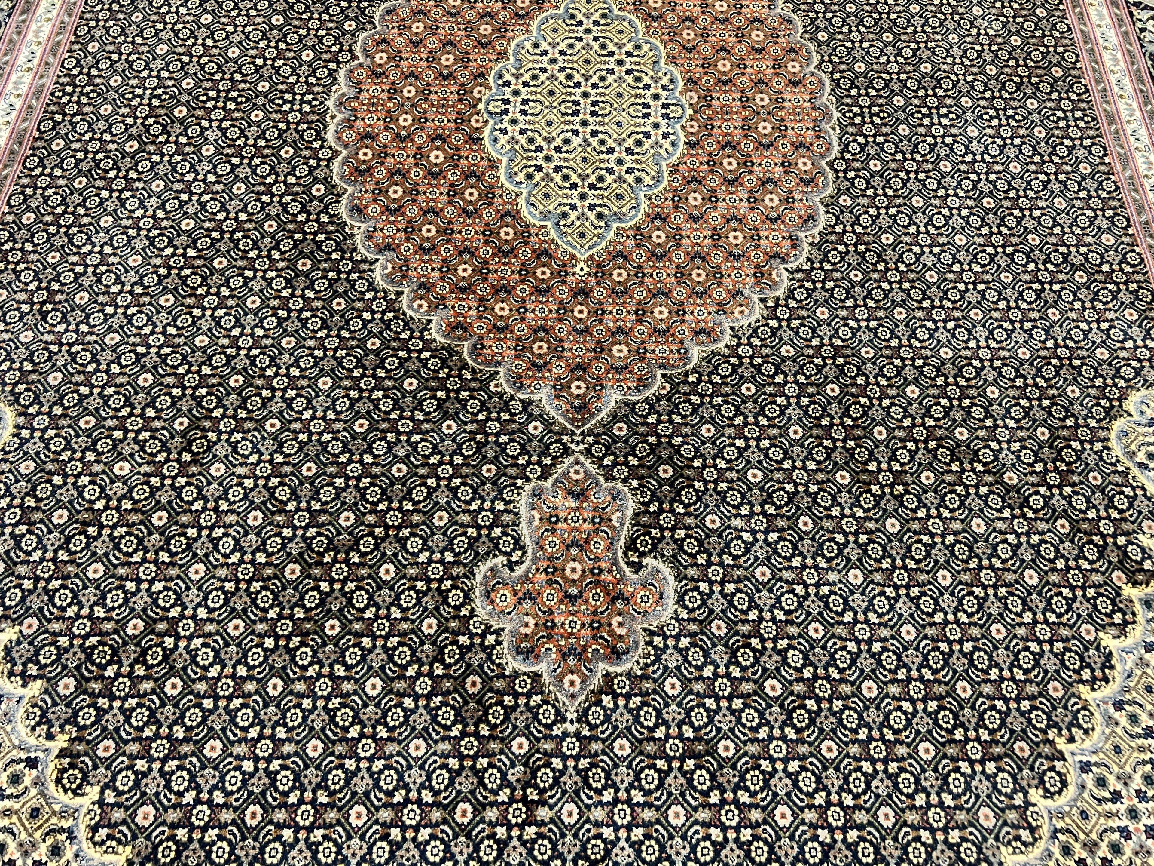 Persian Tabriz Rug 7x10, Very Fine 330 KPSI 50 Raj, Black and Beige, Handmade Wool Vintage Persian Carpet