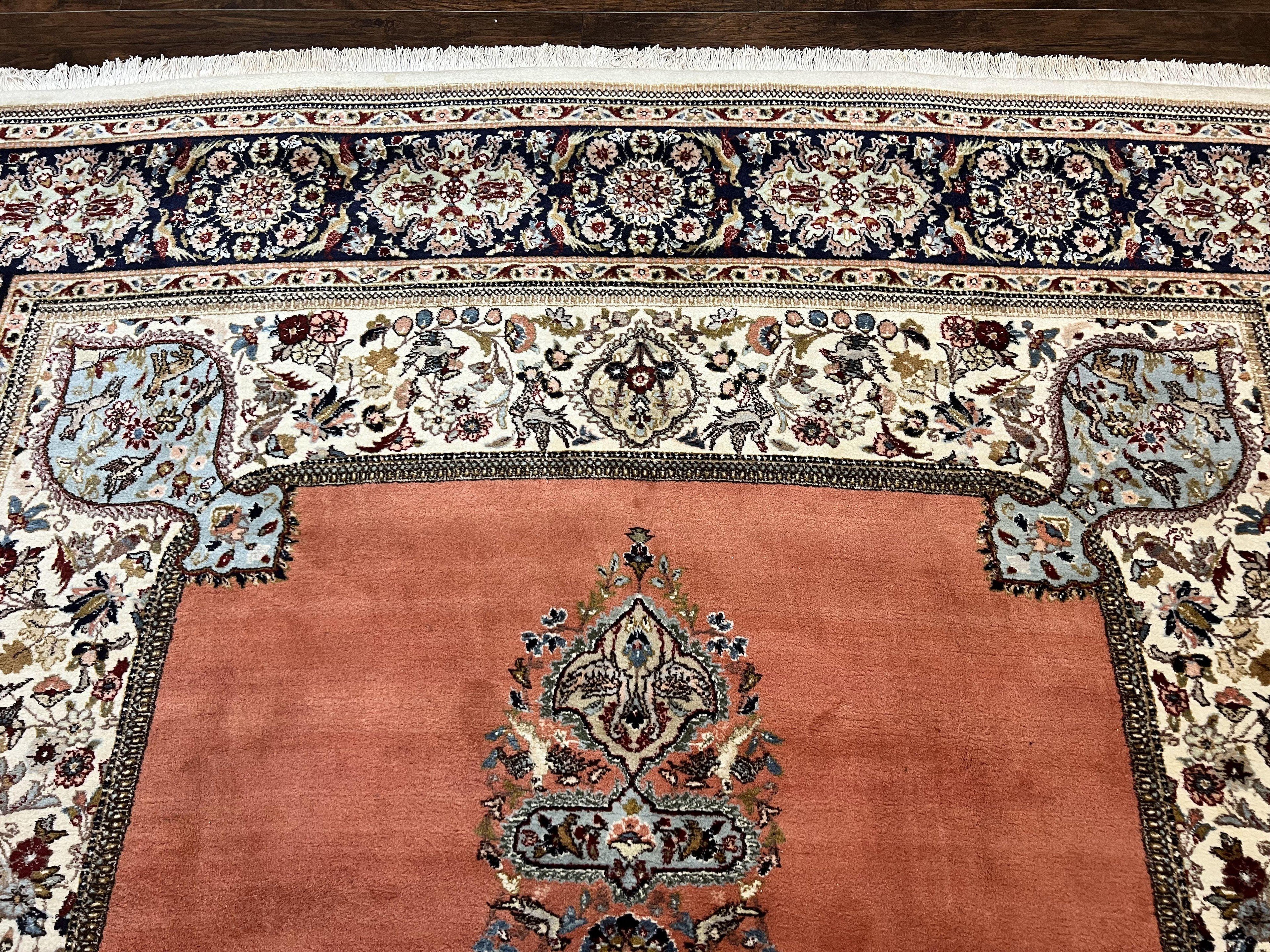 Persian Tabriz Rug 10x13, Wool Hand Knotted Vintage Carpet, Salmon Red & Ivory, Semi Open Field, Birds & Animal Motifs, Large Rug