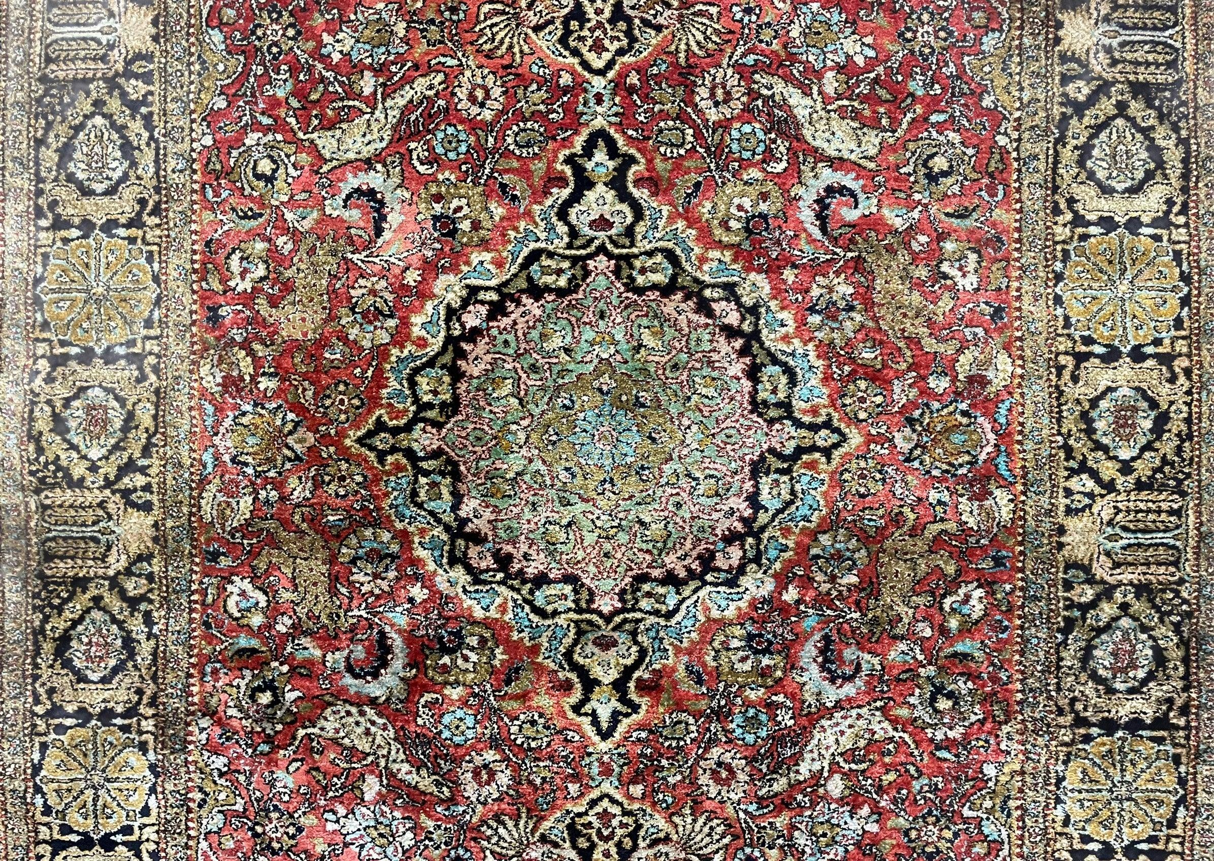 Persian Qum Silk Rug 3.8 x 5.6, Silk on Silk, Animal Pictorials, Fine 330 KPSI