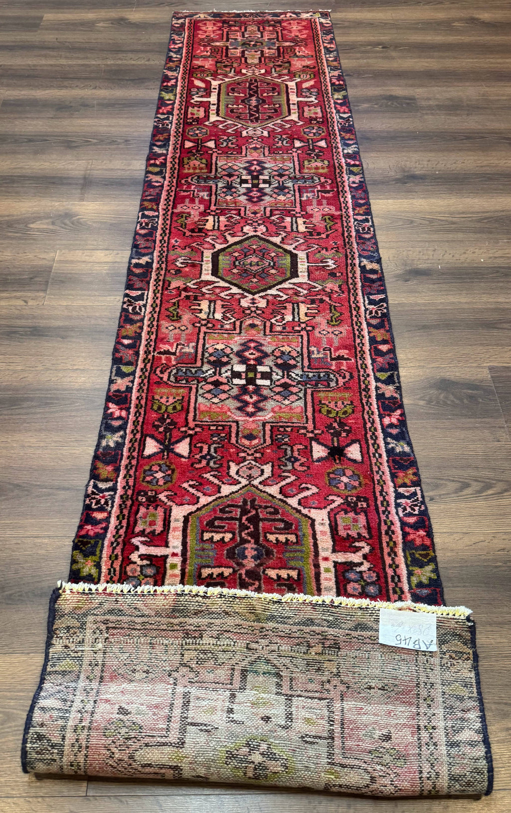 Persian Heriz Karajeh Runner Rug 2x9, Geometric Medallions, Red Navy Blue, 2 x 9 Rug for Hallway