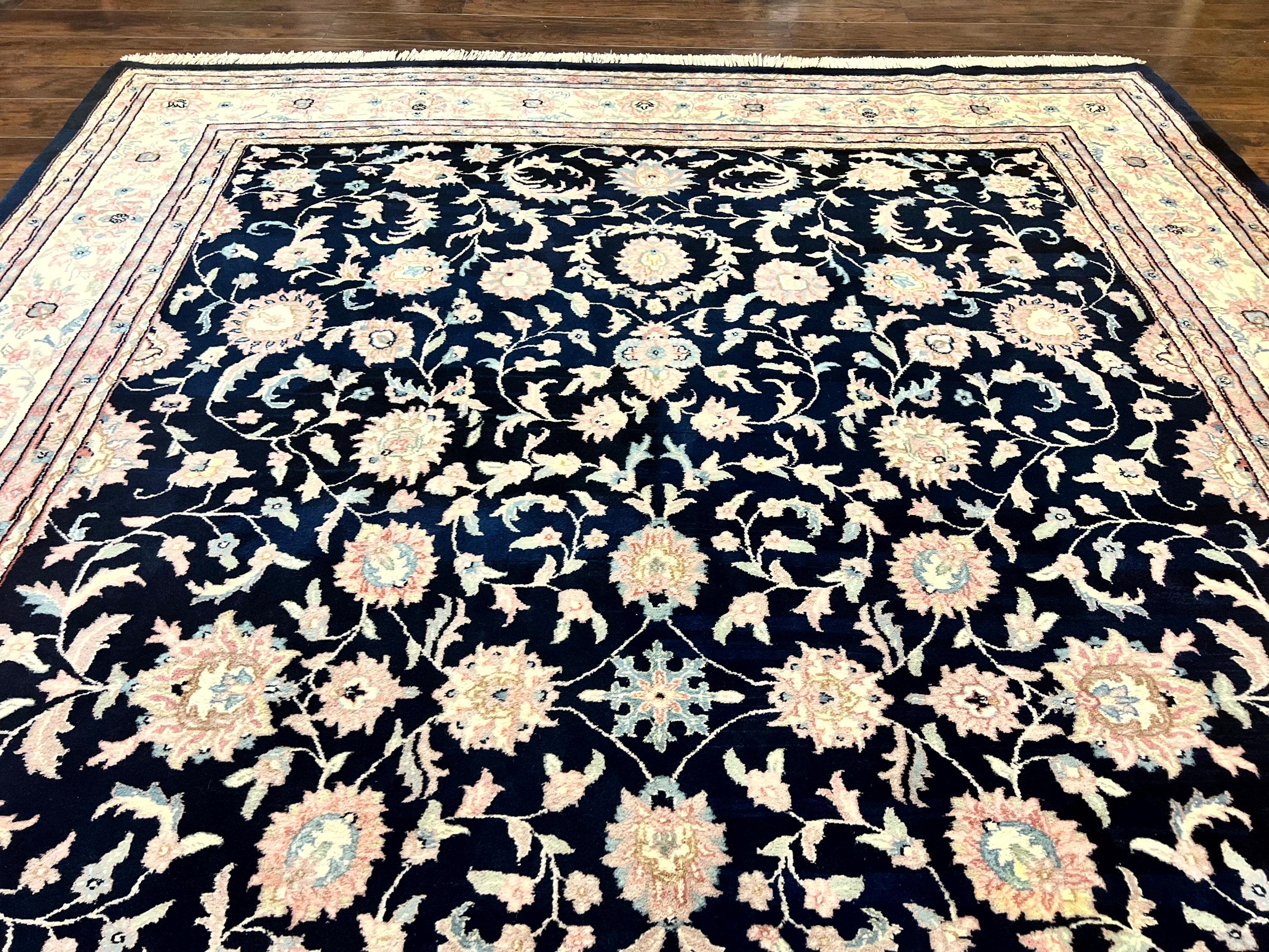Indo Persian Rug 9x12, Navy Blue and Ivory/Cream, Floral Allover, Wool Vintage Handmade Carpet