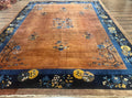 Antique Chinese Wool Rug 9x12, Light Brown and Navy Blue, Fete Peking Art Deco