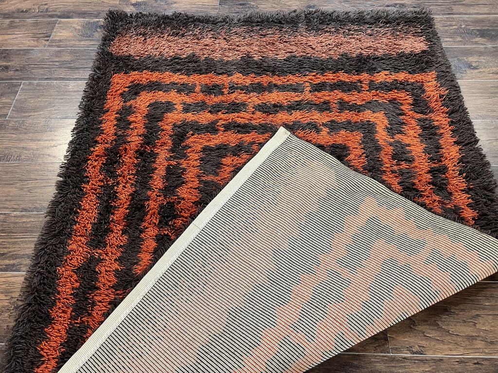 Vintage Rya Shag Rug 4.6 x 6.6, Abstract Design, Brown and Orange, Mid Century Danish Rya Carpet