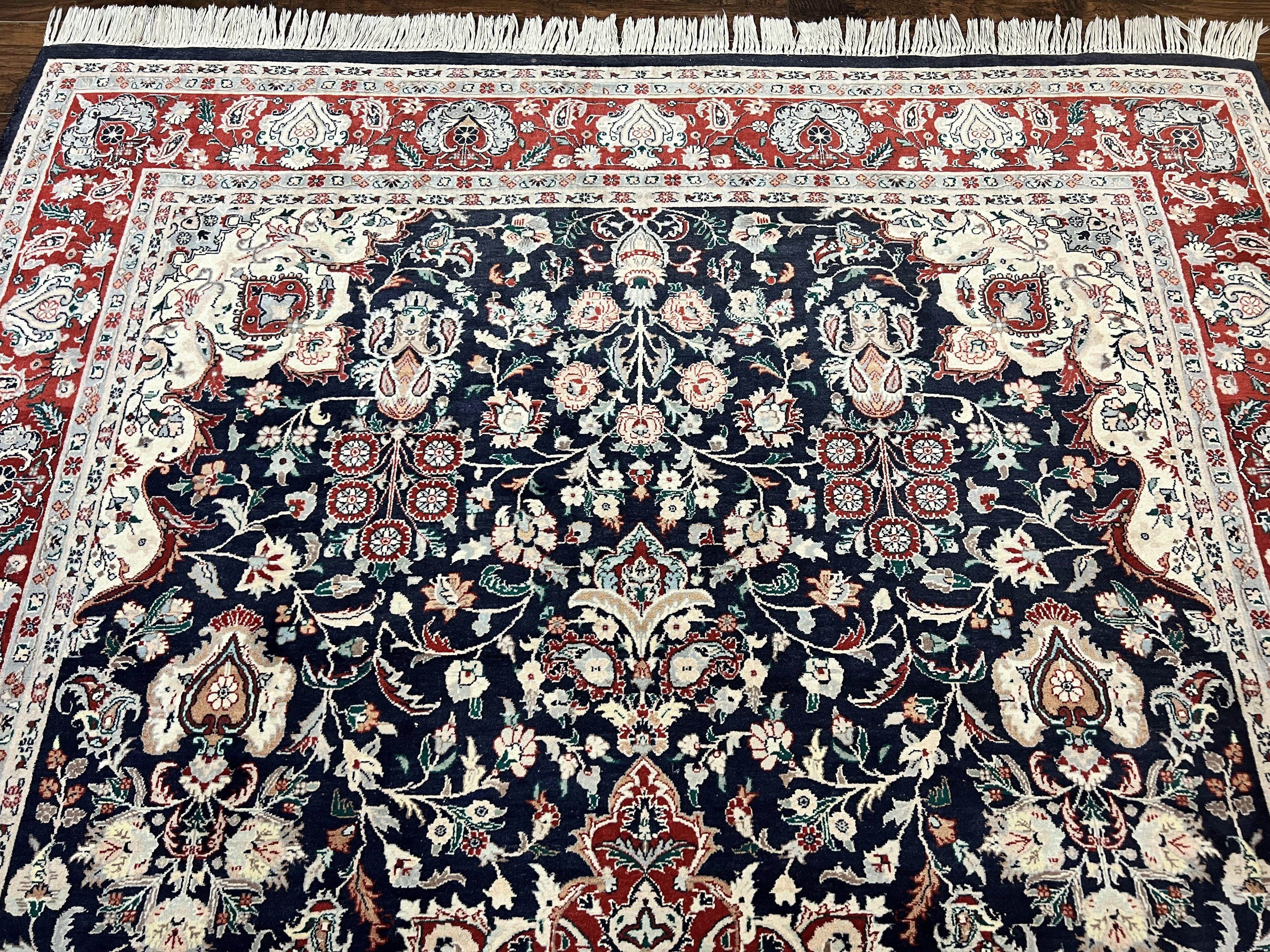 Pak Persian Rug 6x9, Floral Medallion, Dark Blue, Traditional Oriental Carpet, Handmade Wool Vintage Medium Size Rug, 240 KPSI