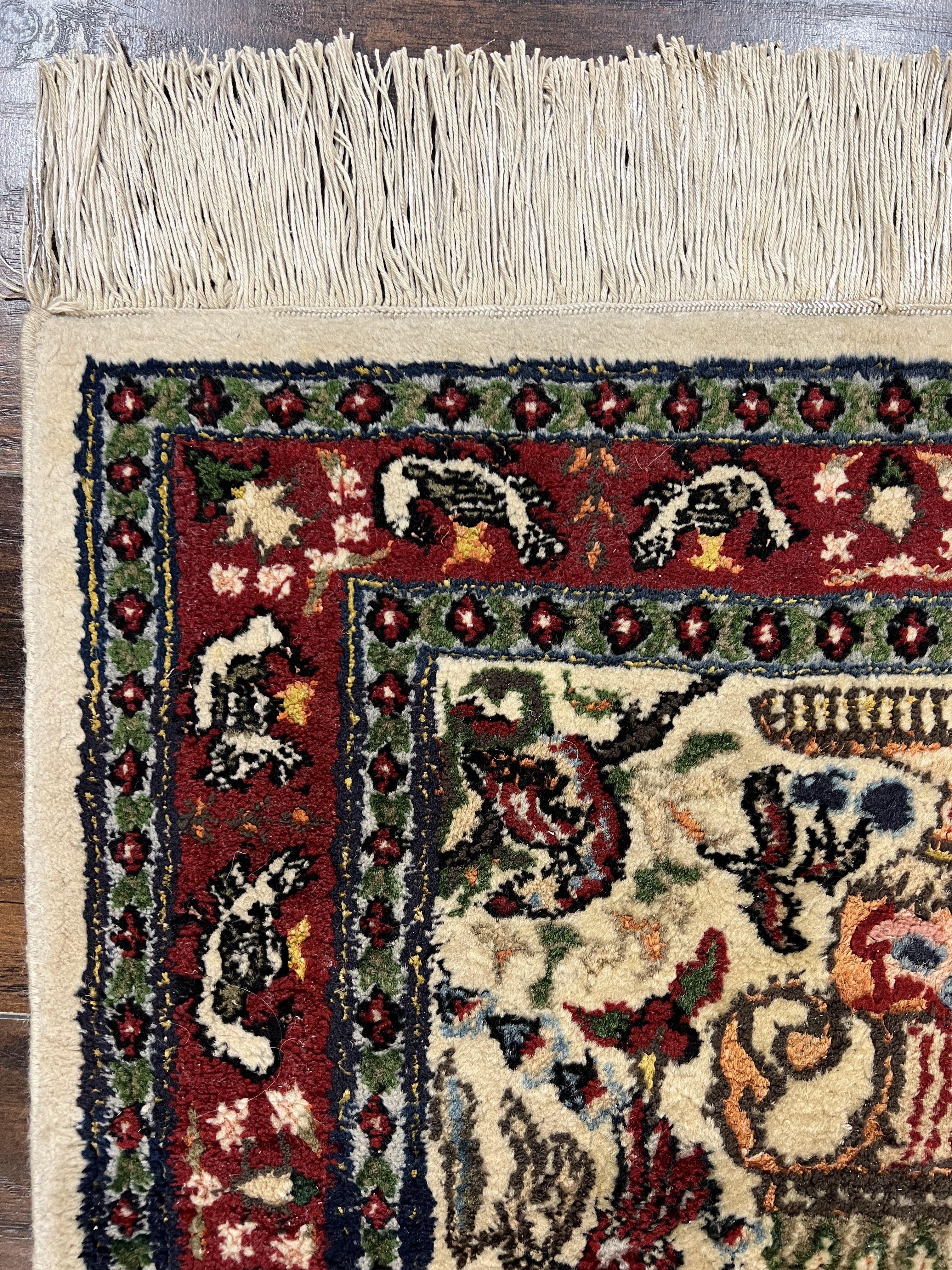 Small Indo Persian Rug 2x3 ft, Wool with Silk Highlights, Animal Pictorials, Birds