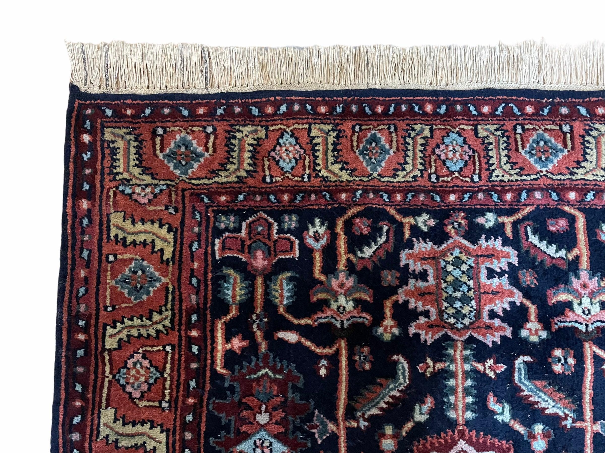 4x6 Vintage Handmade Wool Geometric Rug Organic Dyes Blue Red Hand-Knotted Rug