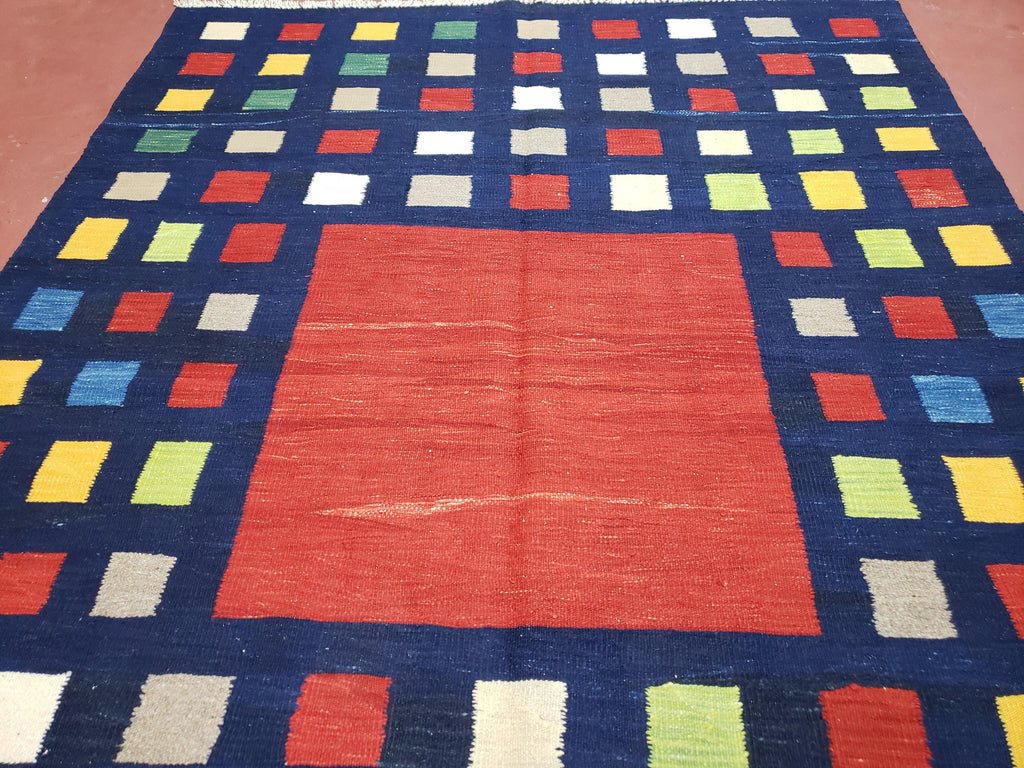 Turkish Kilim Rug 5x7 - 6x8, Checkerboard Kilim Carpet, Area Rug, New Playroom Rug, Colorful Multicolor Rug for Nursery Room, Dark Blue Red