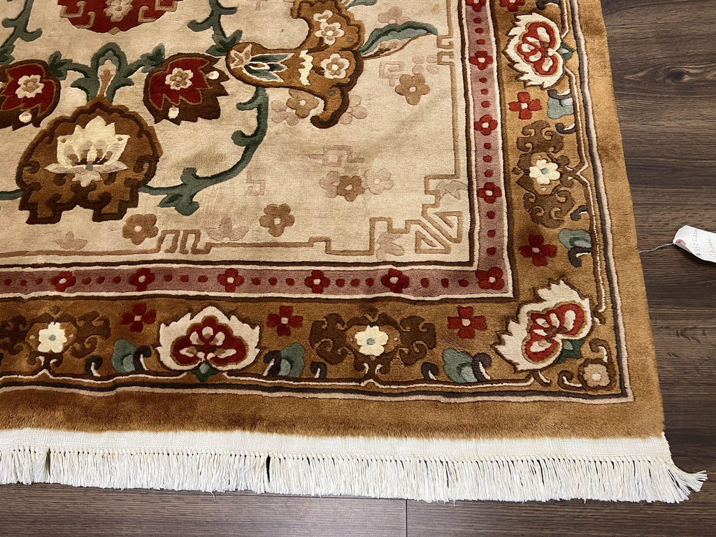 Chinese Wool Rug 5.9 x 9, Tan and Brown Asian Art Deco Carpet, Vintage 1960s Oriental Rug, Hand-Knotted Rug, Soft Wool, Medallion, Pair B