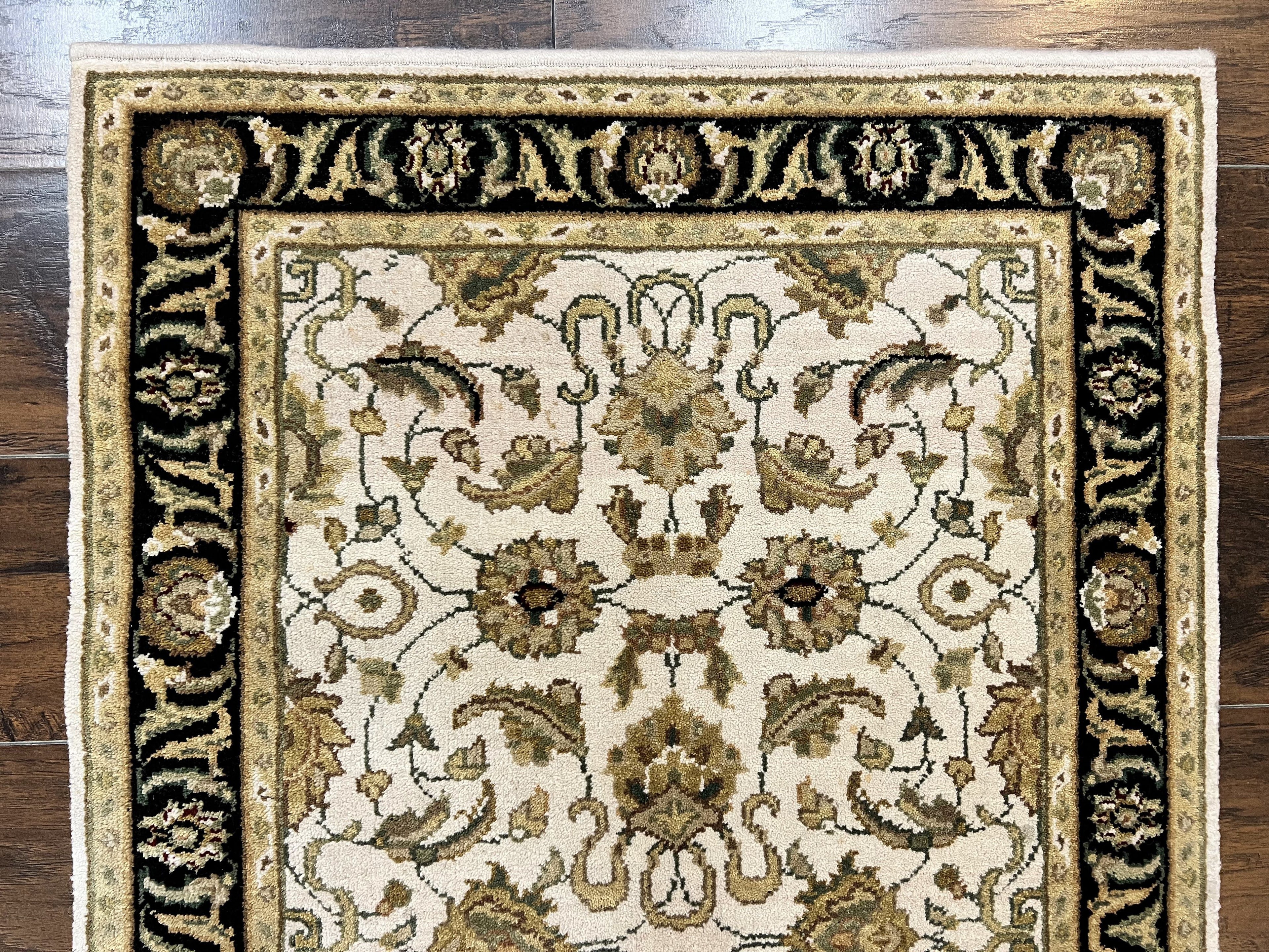 Small Indo Mahal Rug 2.5 x 4, Wool Indian Oriental Carpet, Hand Knotted Handmade Vintage Traditional Rug, Beige Tan Black
