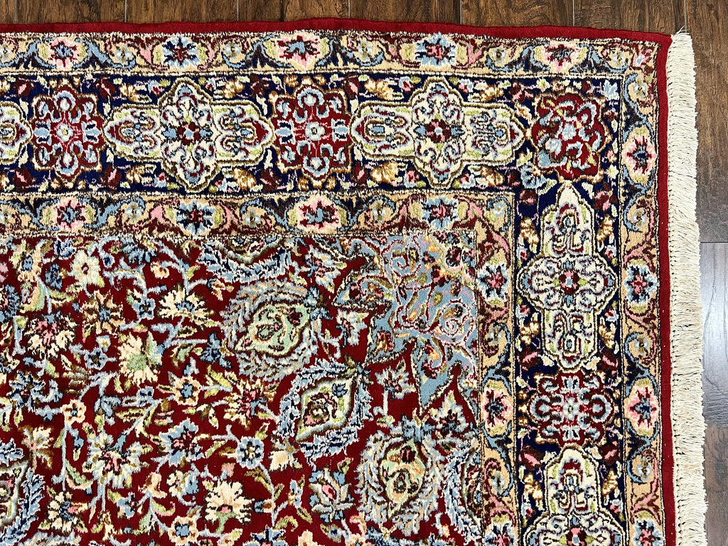 Persian Kirman Rug 7x10, Hand Knotted Wool Floral Medallion Carpet, Dark Red