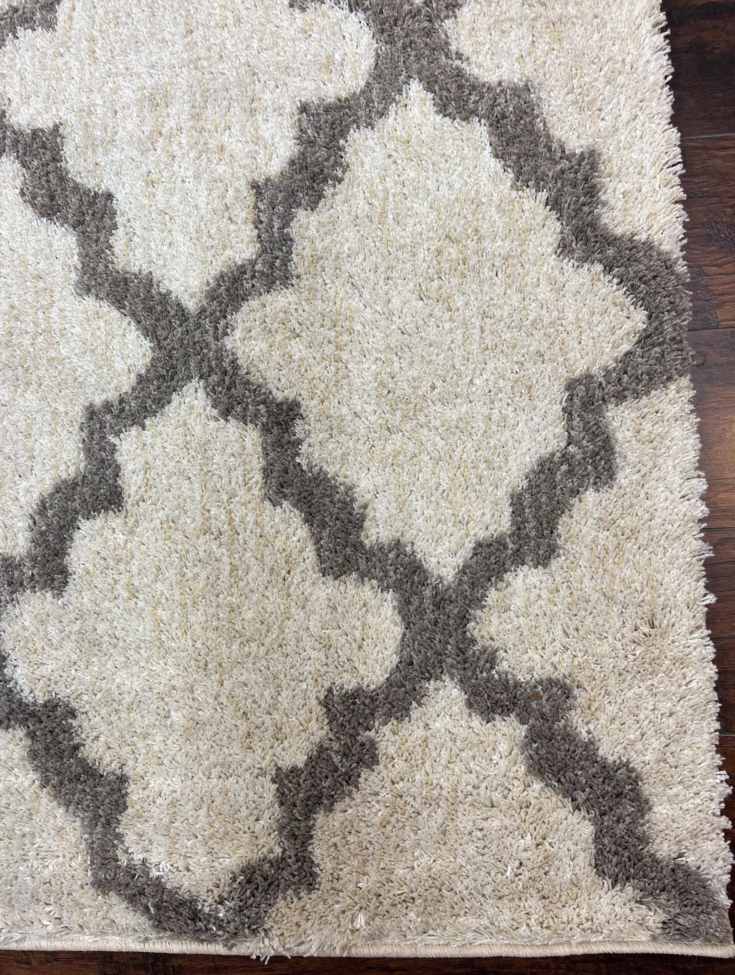 Modern Shag Rug, Ivory and Gray, Diamond Panel Design, Room Sized Area Rug