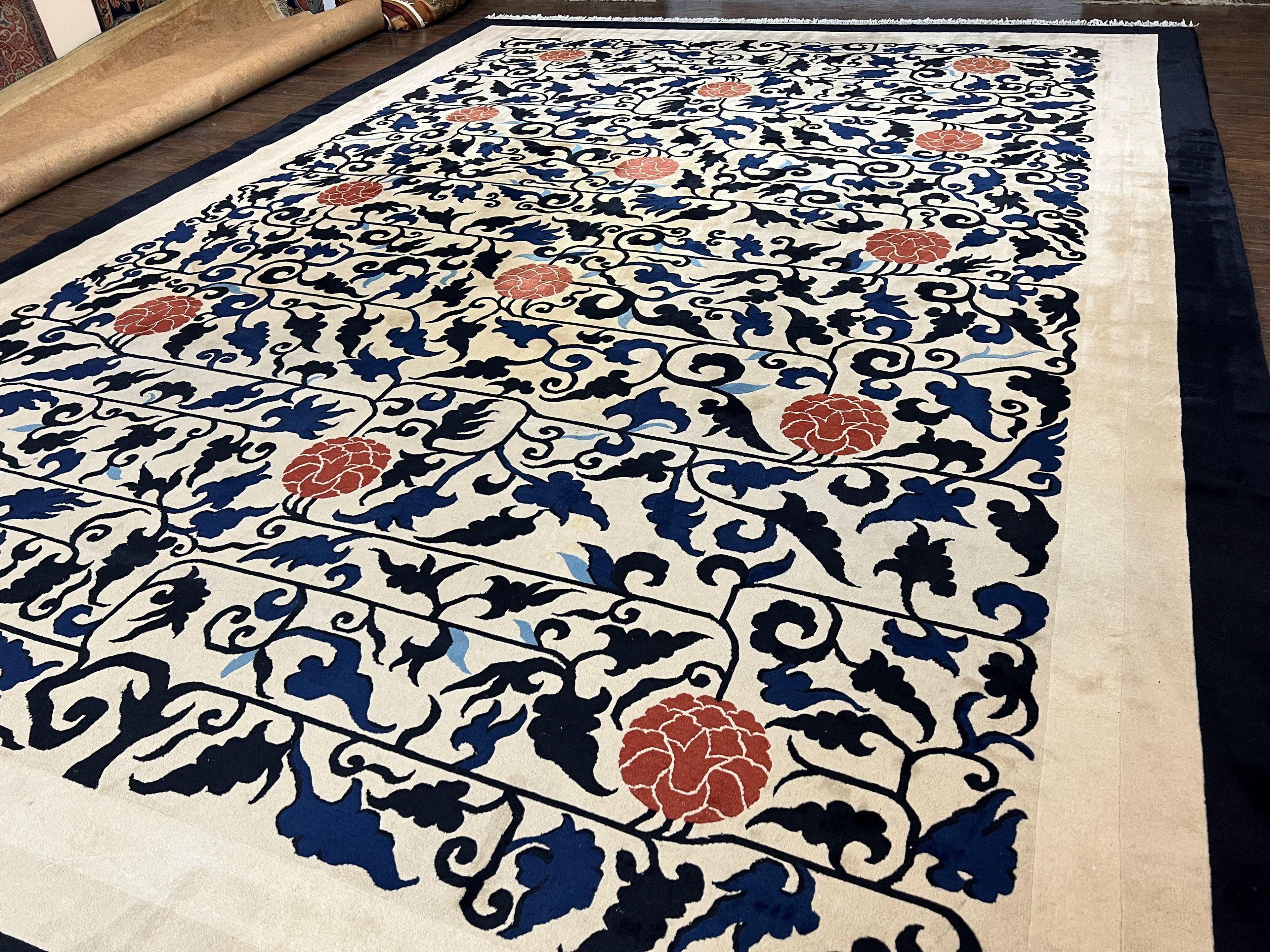 Antique Chinese Peking Rug 10x14, Beige Black, Handmade Wool Art Deco Carpet