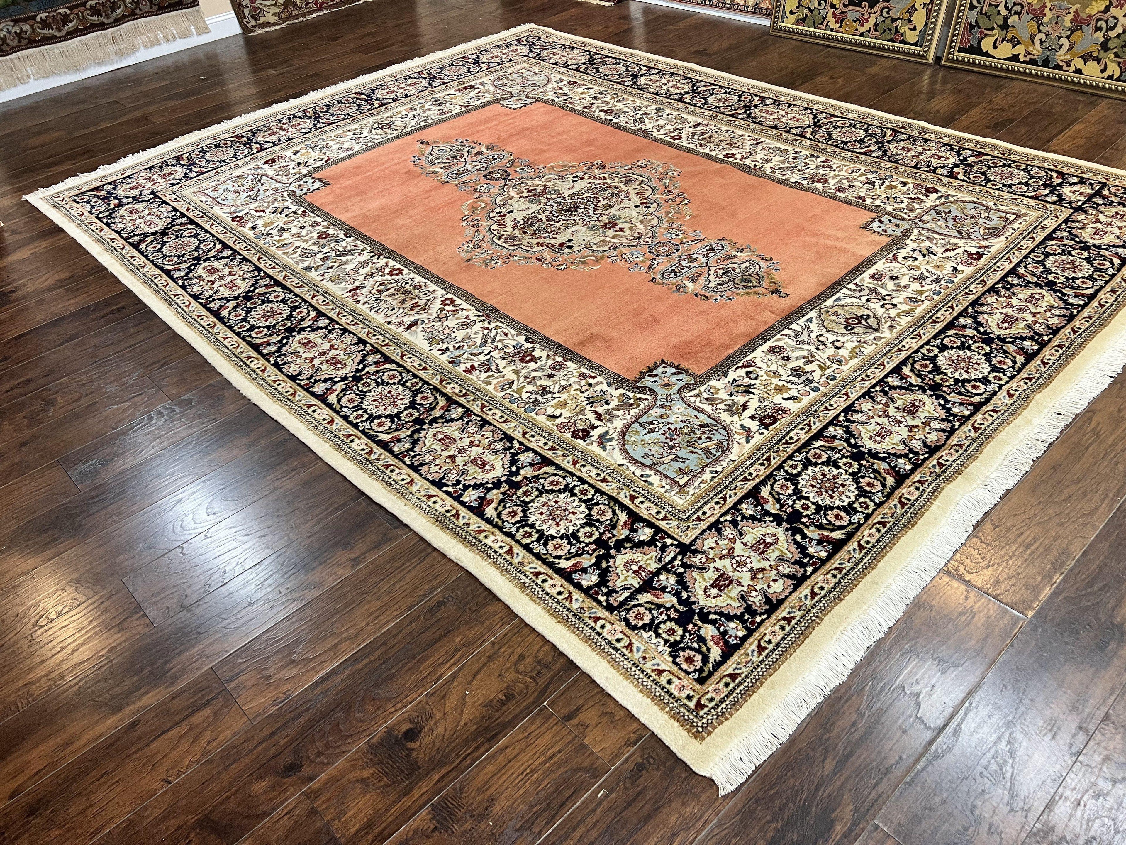 Persian Tabriz Rug 10x13, Wool Hand Knotted Vintage Carpet, Salmon Red & Ivory, Semi Open Field, Birds & Animal Motifs, Large Rug