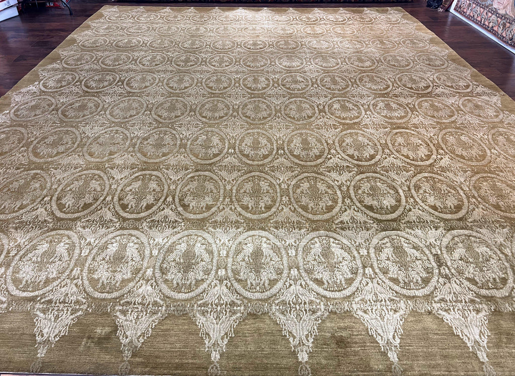 Tibetan Rug 12x15, Wool Hand Knotted Carpet, Odegard Rug, Birds, Olive Green, 12 x 15 Oversized Handmade Contemporary Area Rug, Extra Large