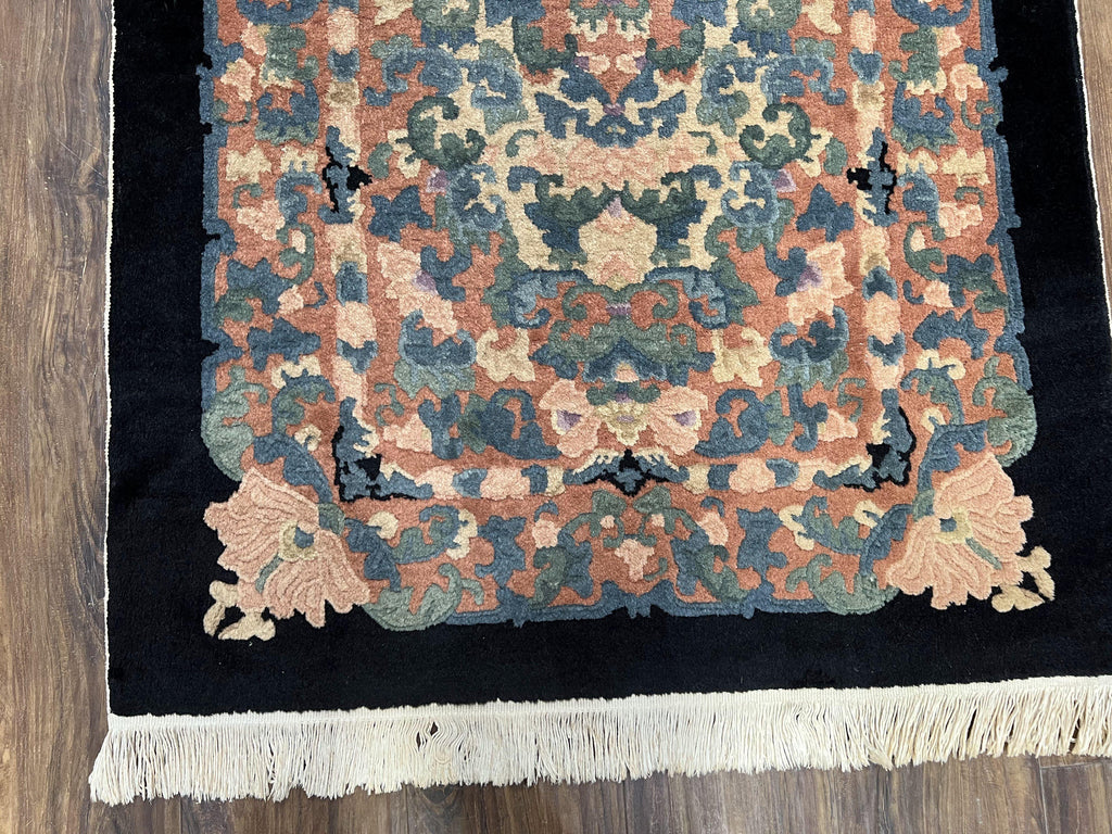 Chinese Art Deco Rug 3x5, Black and Beige Chinese Carpet 3 x 5, Vintage Rug, 1950s Rug, Floral Rug, Handmade Rug, Art Deco Rug, Wool Rug