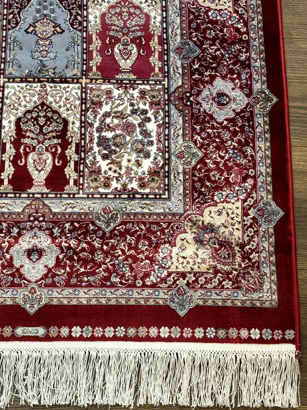 Turkish Silk Runner Rug 2.6 x 11.6, Panel Design, Dark Red Ivory, Bamboo Silk, New