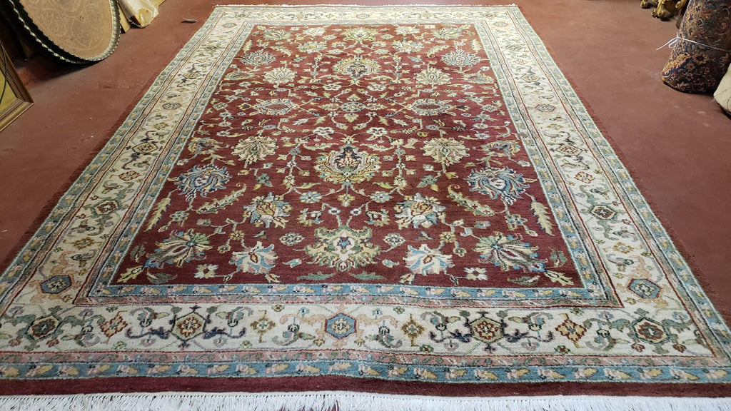 8x12 Indo-Mahal Rug, Floral Allover, Red & Beige, Wool Vintage Handmade Traditional Carpet