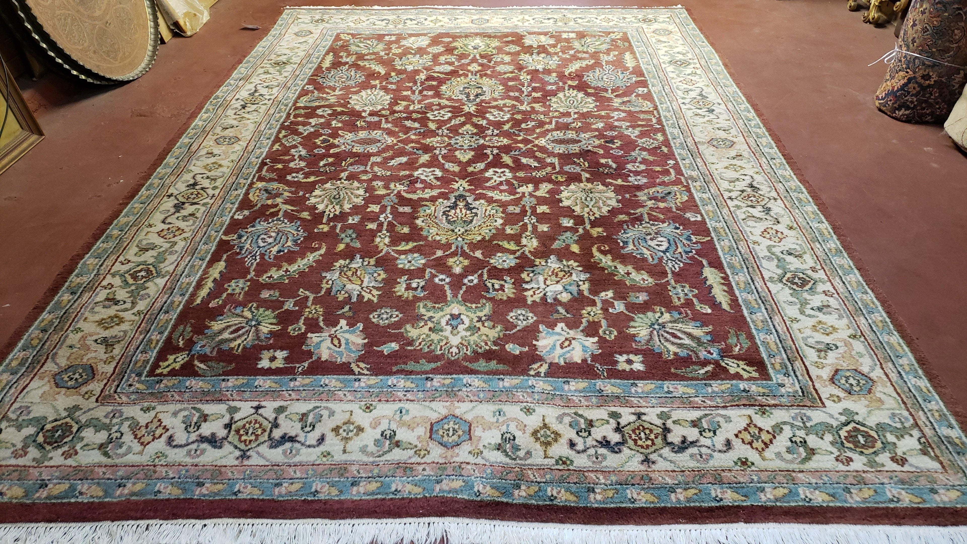 8x12 Indo-Mahal Rug, Floral Allover, Red & Beige, Wool Vintage Handmade Traditional Carpet