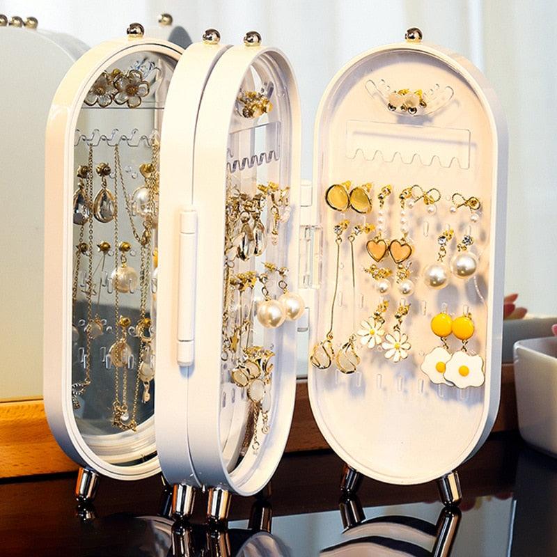 Desktop Jewelry Storage Box Multilayer Dustproof Earrings Rings Necklaces Display Holder Case for Women Jewelry Organizer Box Collapsible Earring Holder Jewelry Organizer Box with Mirror Earring Necklace Jewelry Box Organizer