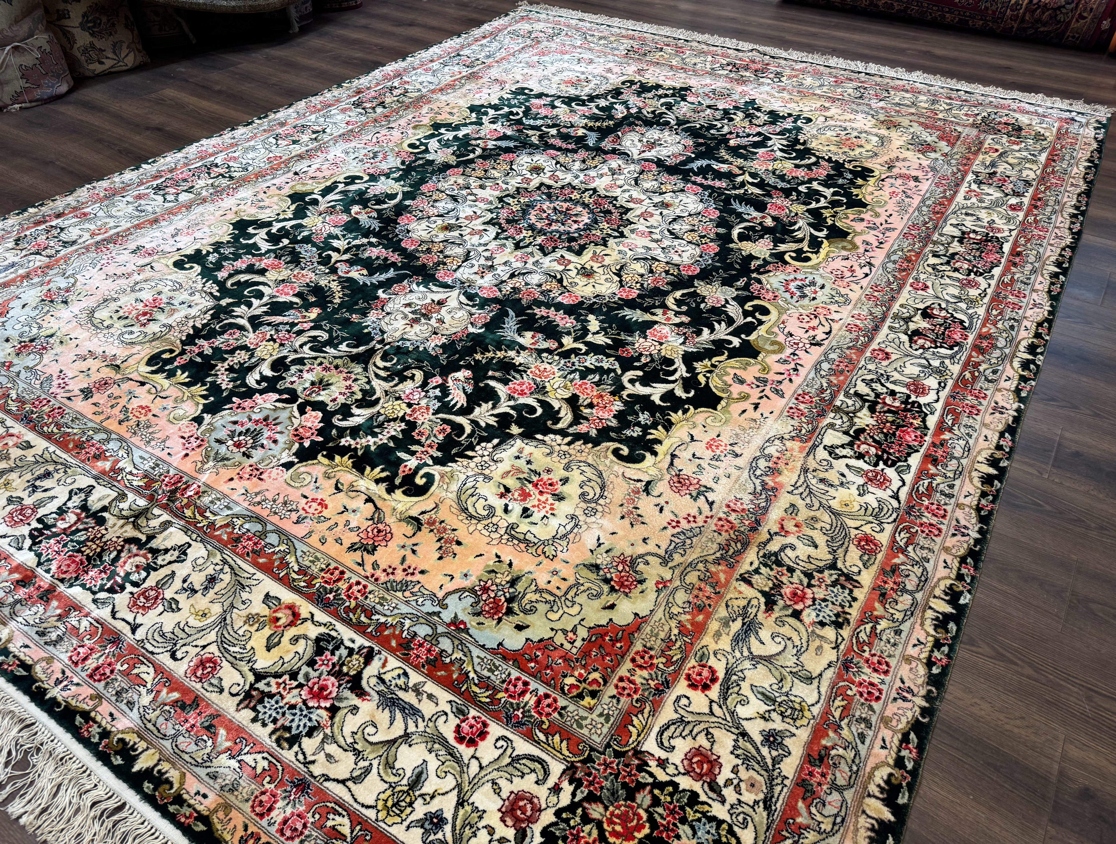 Silk Indian Kashmiri Rug 9x12, Vintage Hand Knotted Carpet