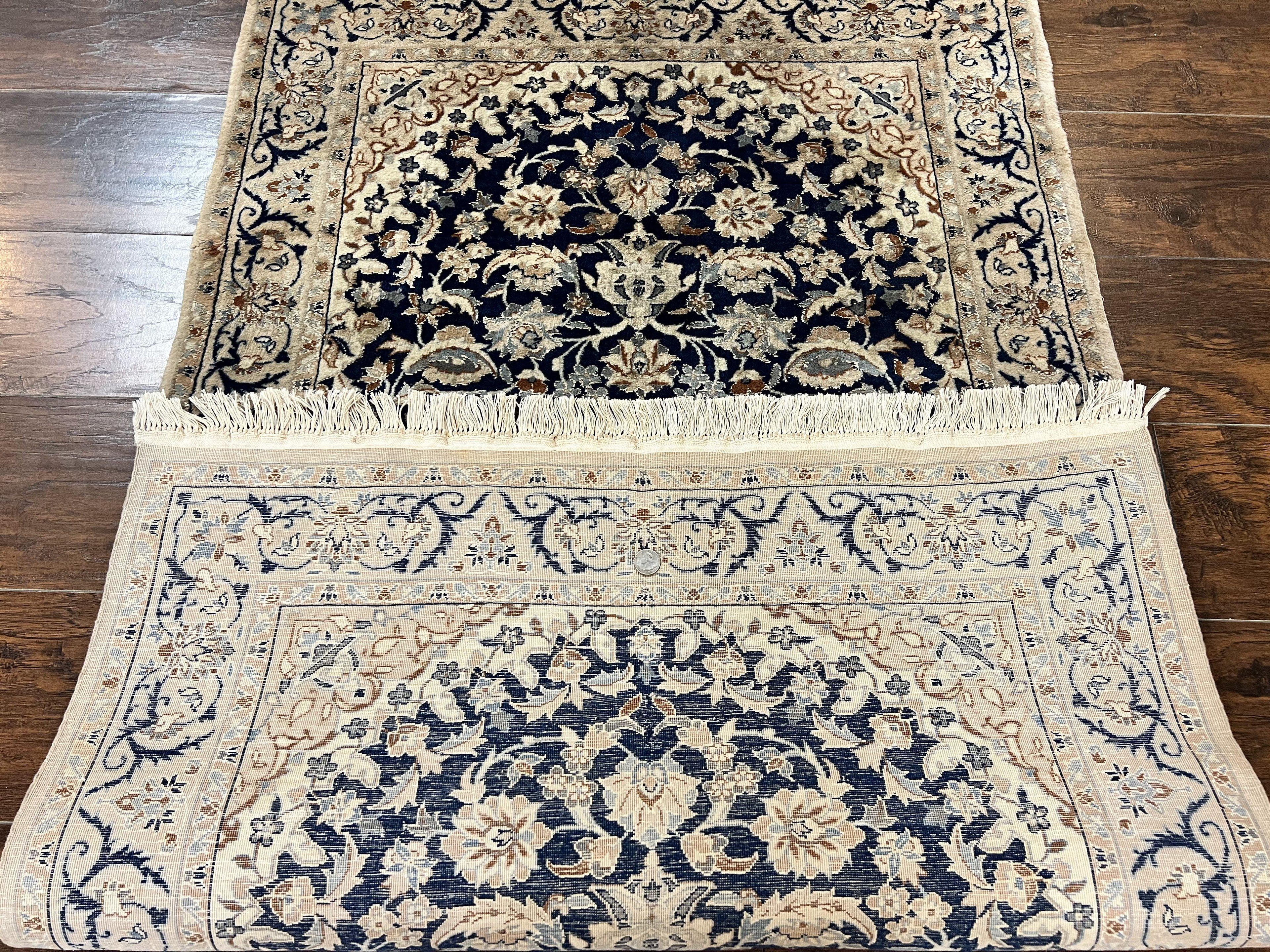 Persian Nain Rug 3x5, Floral Medallion Oriental Carpet, Very Fine Hand Knotted Handmade Wool and Silk Highlights Rug, Vintage Semi Antique
