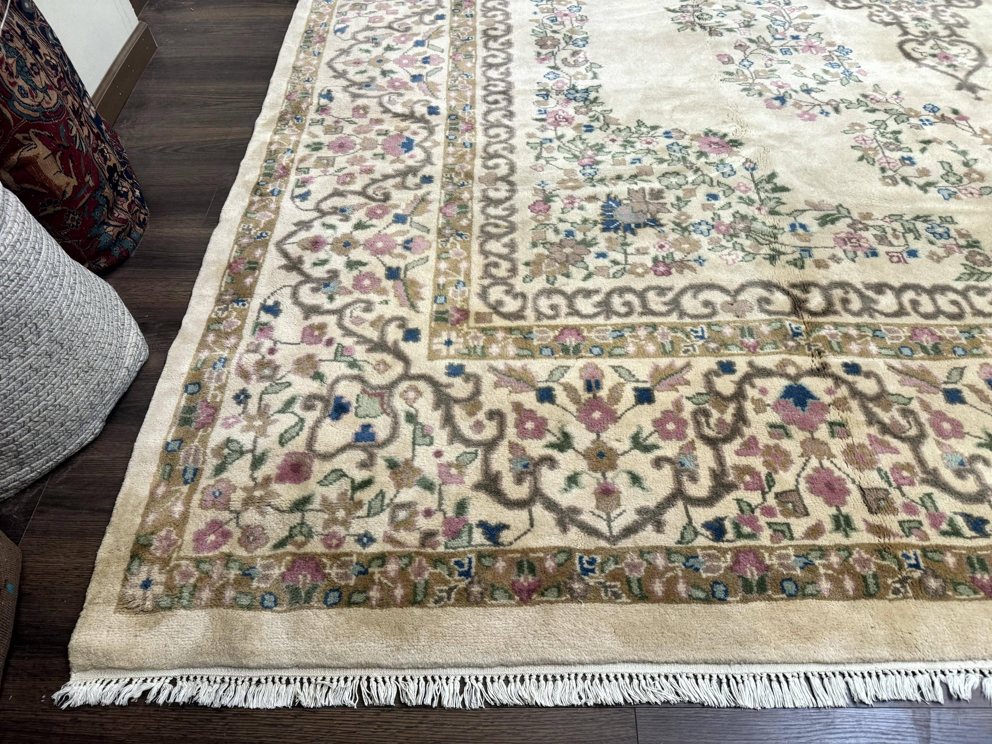 Indo Persian Rug 12x15, Palace Sized Carpet, Oversized Wool Handmade Rug, Kerman Rug, Semi Open Field, Pande Cameron Rug, Beige