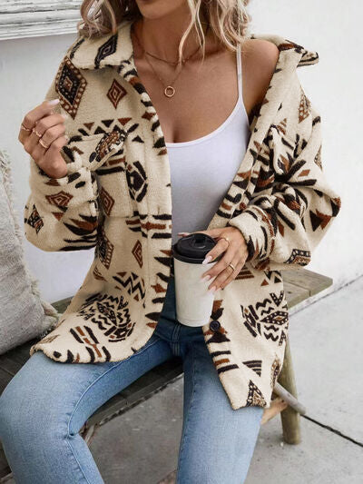 Girls Modern Geometric Button Up Dropped Shoulder Jacket Unique Retro Minimalist Outerwear