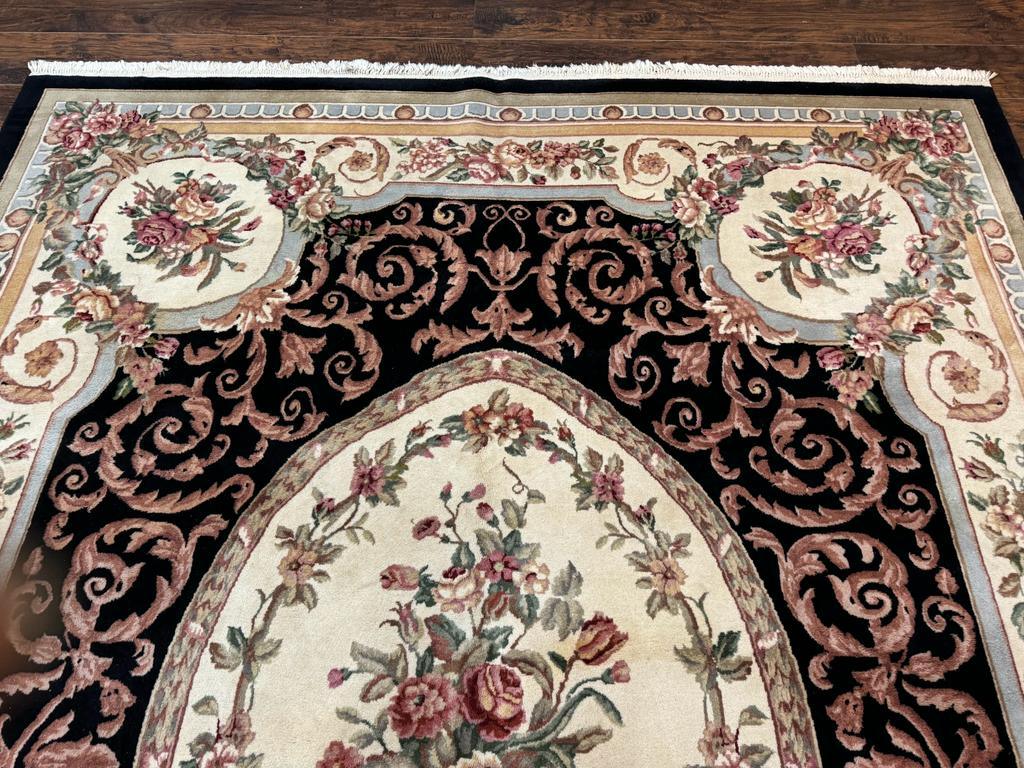 Aubusson Rug 8x10, Floral, Wool Pile, Elegant, European Design, Handmade, Fine