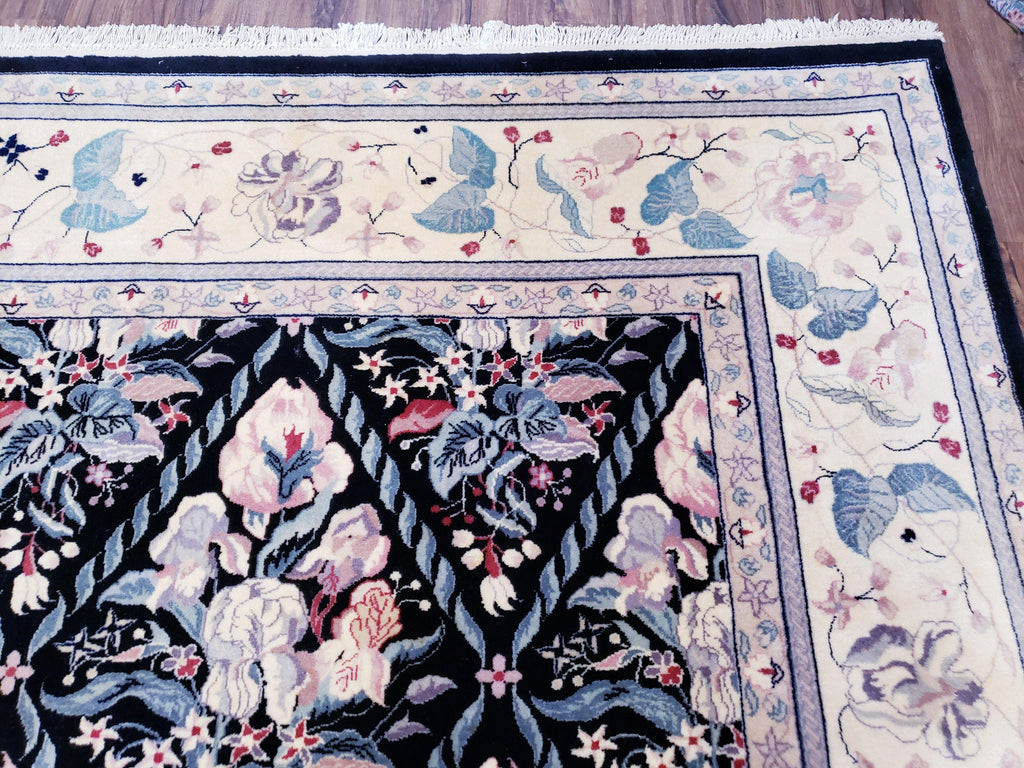 Sino-Persian Kirman Rug 9x12 Floral Handmade Wool Carpet Black & Ivory Vintage