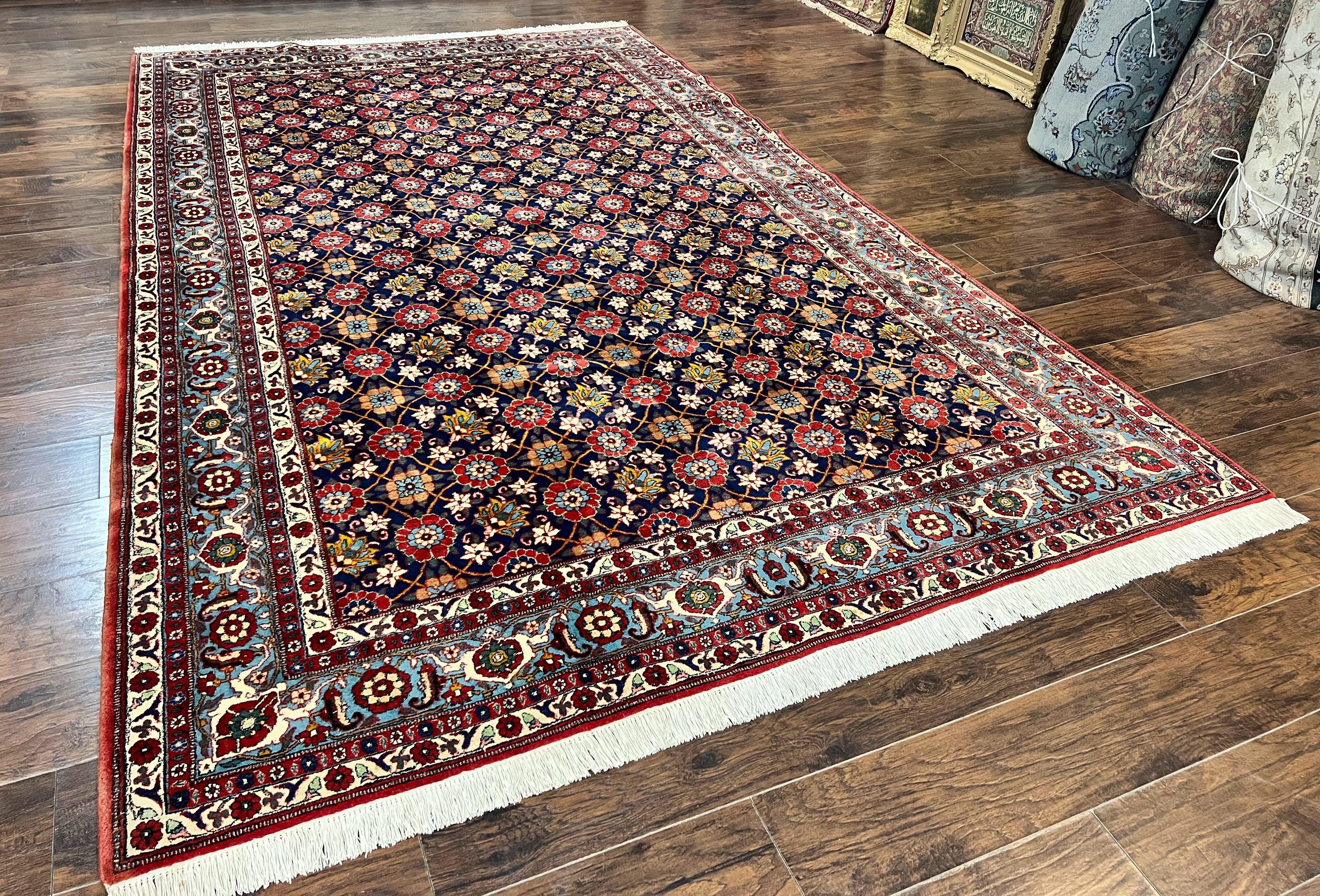 Persian Veramin Rug 7x11, Repeated Allover Pattern, Handmade Vintage Carpet, Navy Blue