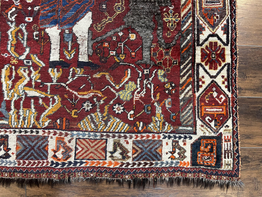 Antique Persian Shiraz Pictorial Rug 3.6 x 5, Persian Tribal Rug, Handmade, Lions, Highly Unique Collectible Small Persian Carpet, Maroon, Wool