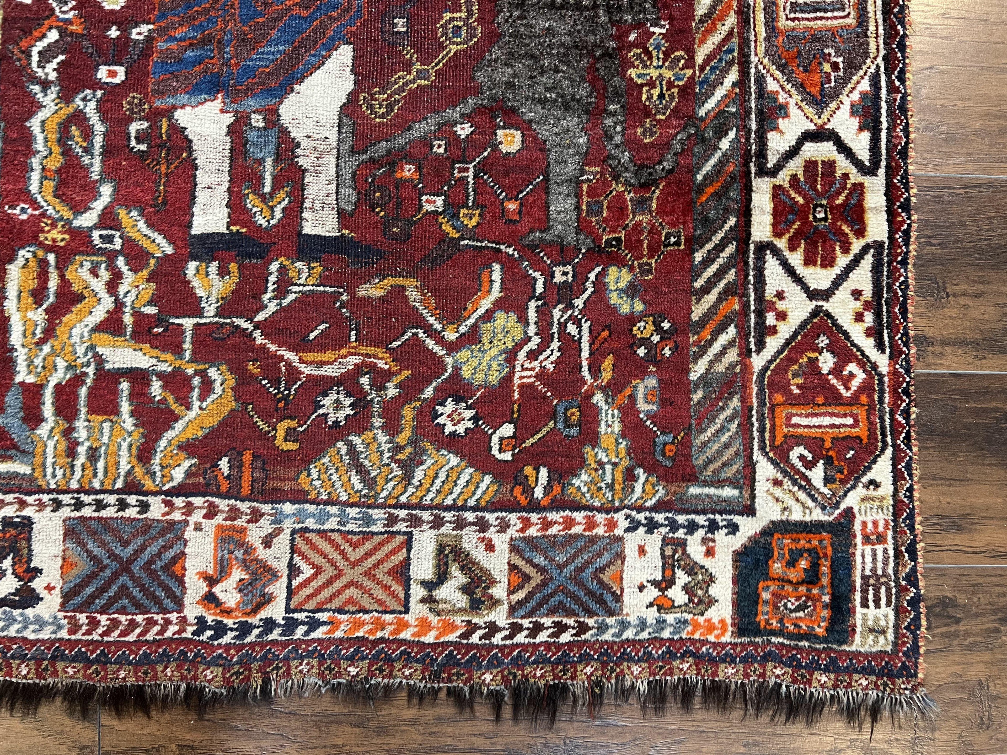 Antique Persian Shiraz Pictorial Rug 3.6 x 5, Persian Tribal Rug, Handmade, Lions, Highly Unique Collectible Small Persian Carpet, Maroon, Wool